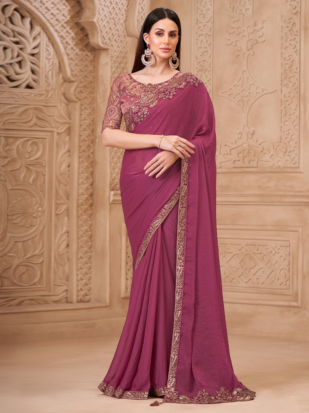 Deep Onion Pink Georgette Heavy Embroidered Border Zari Work Blouse Saree - Ressa