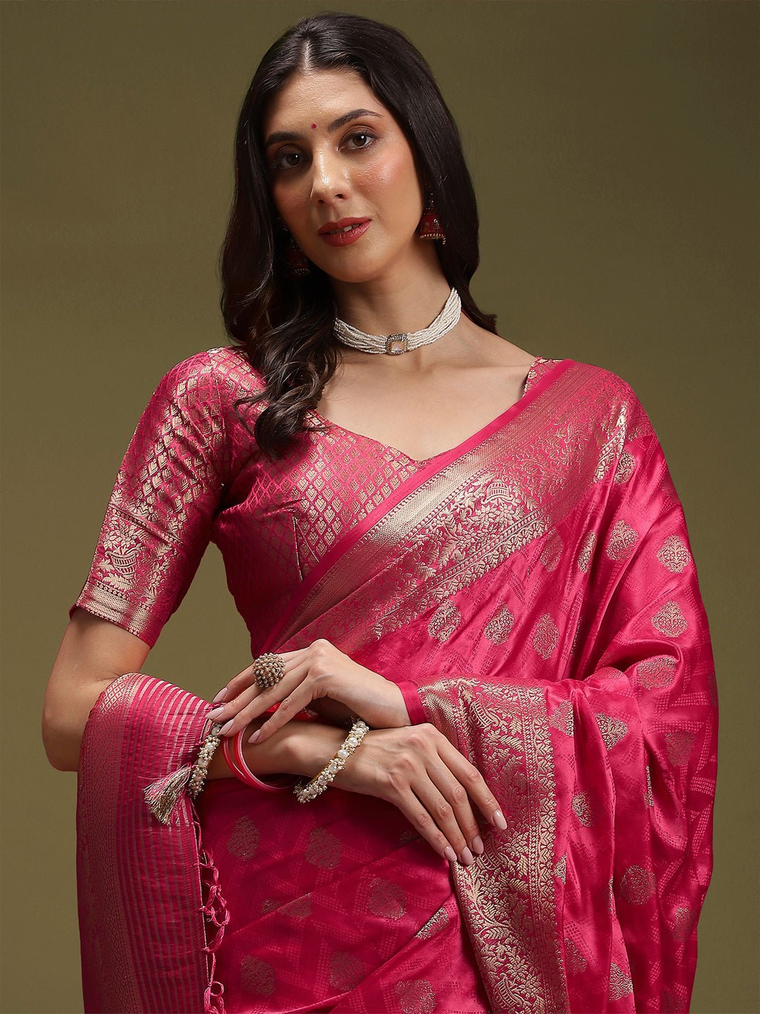 Deep Pink Silk Blend Floral Butti Saree - Ressa