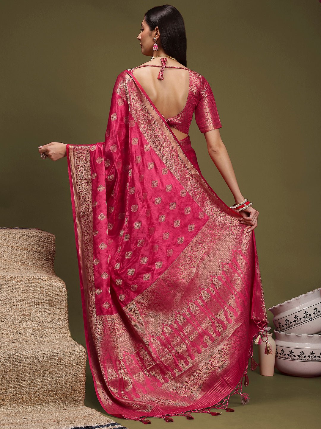 Deep Pink Silk Blend Floral Butti Saree - Ressa