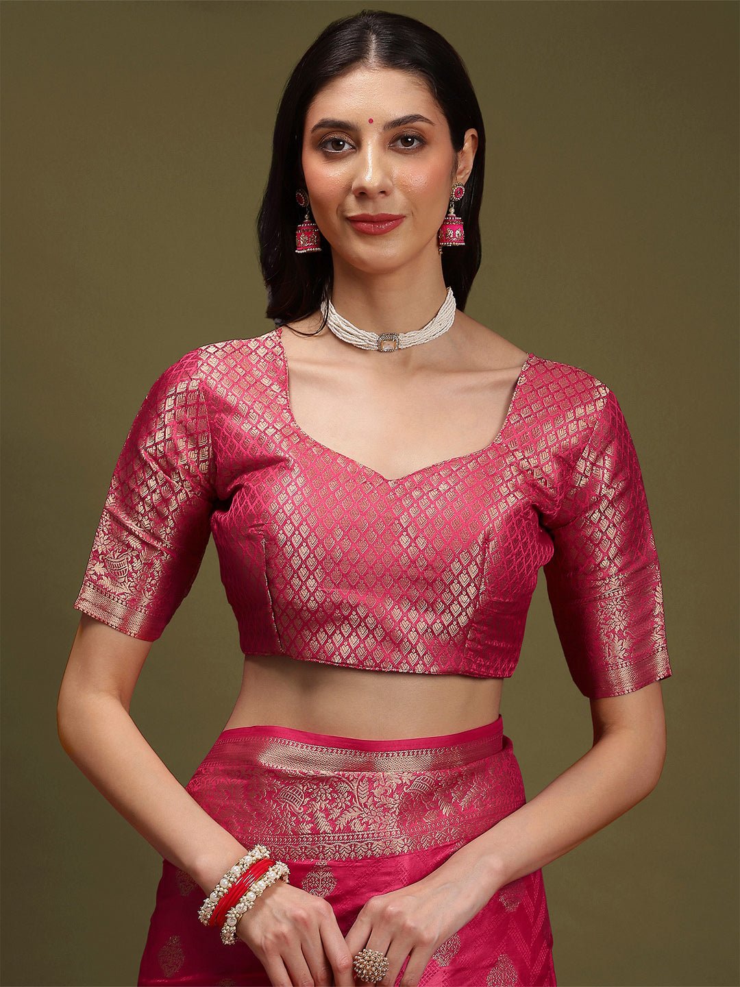 Deep Pink Silk Blend Floral Butti Saree - Ressa