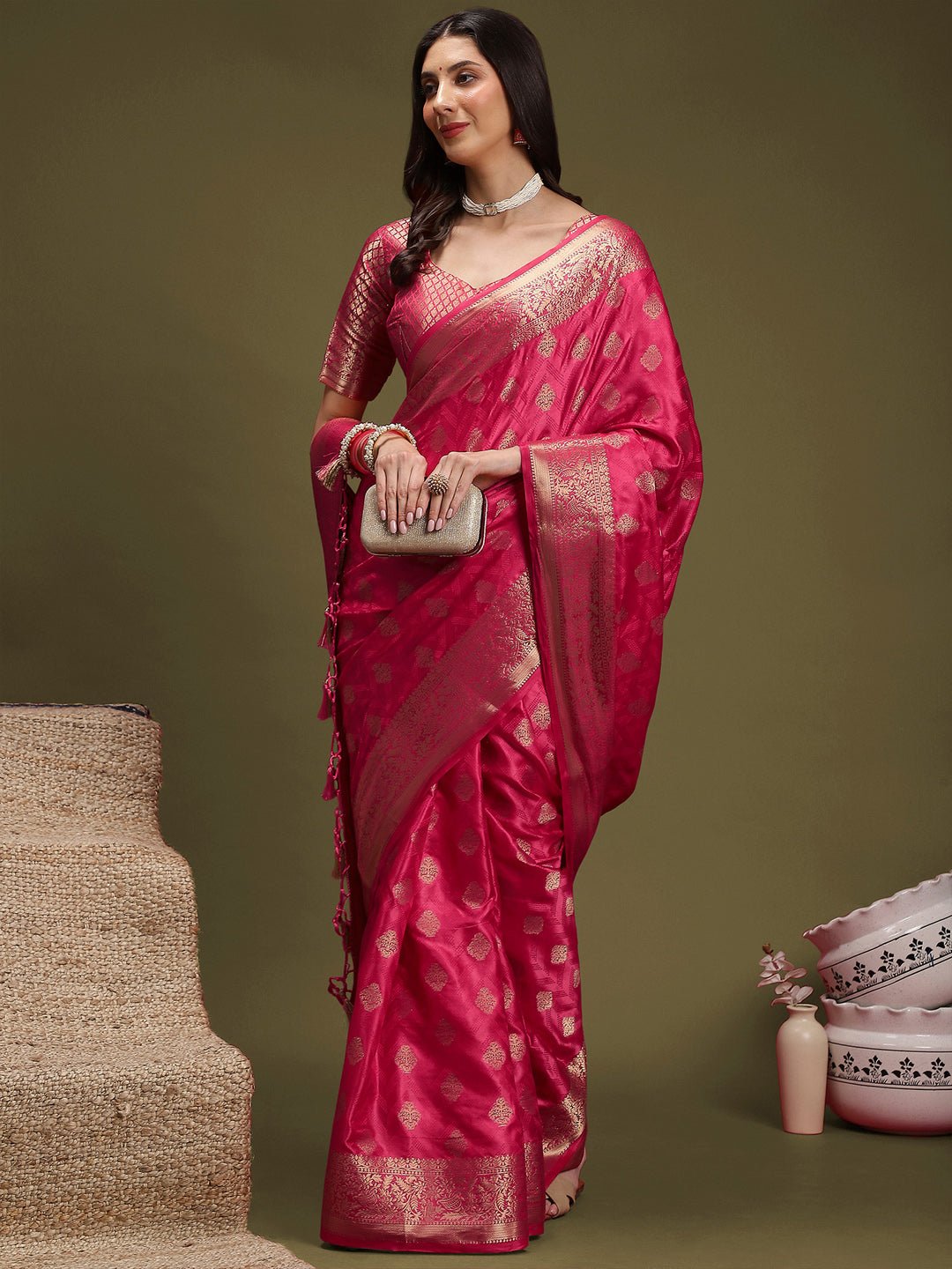 Deep Pink Silk Blend Floral Butti Saree - Ressa