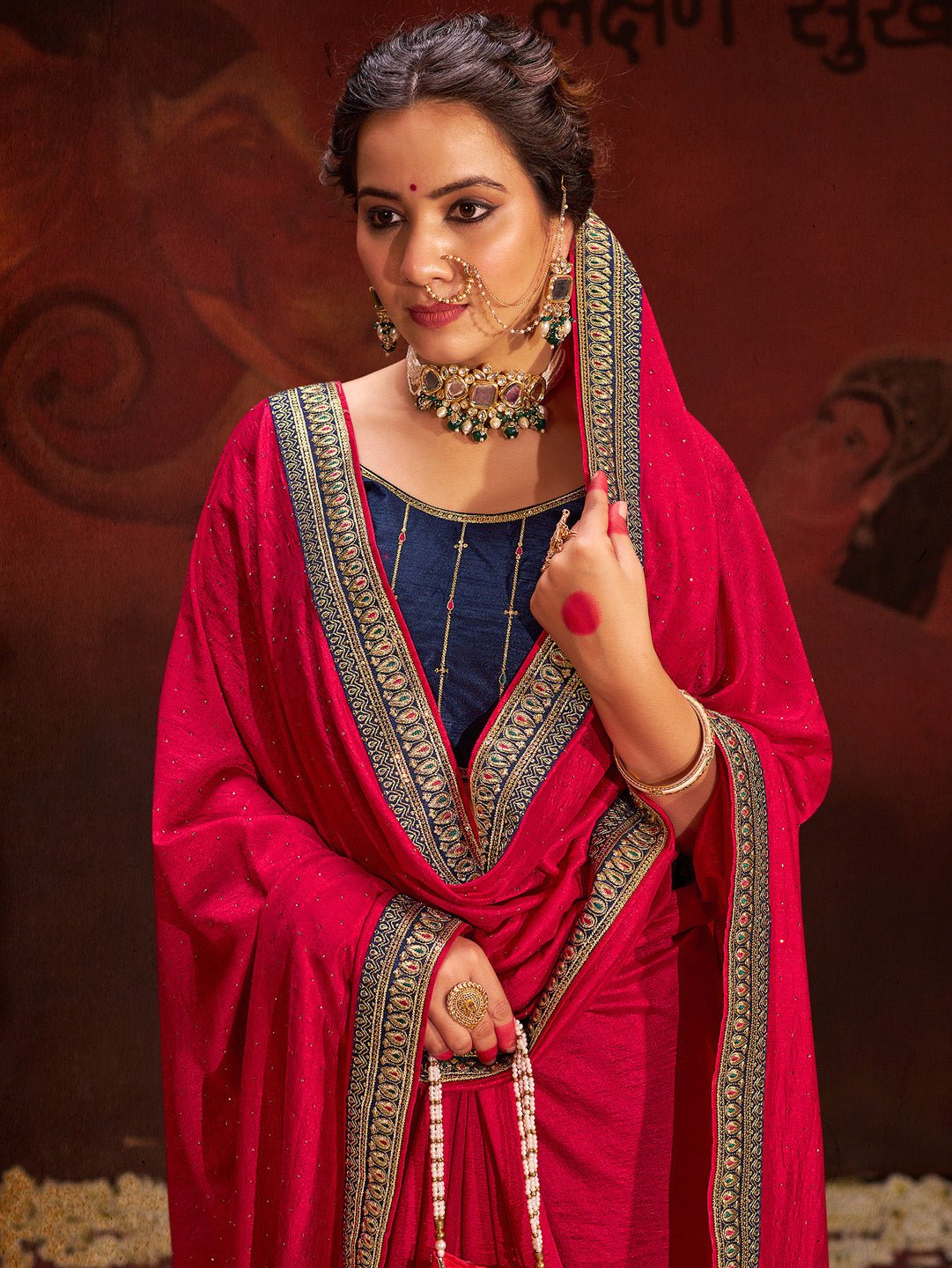Deep Pink Vichitra Silk Embroidered Zari Border Stone Saree - Ressa
