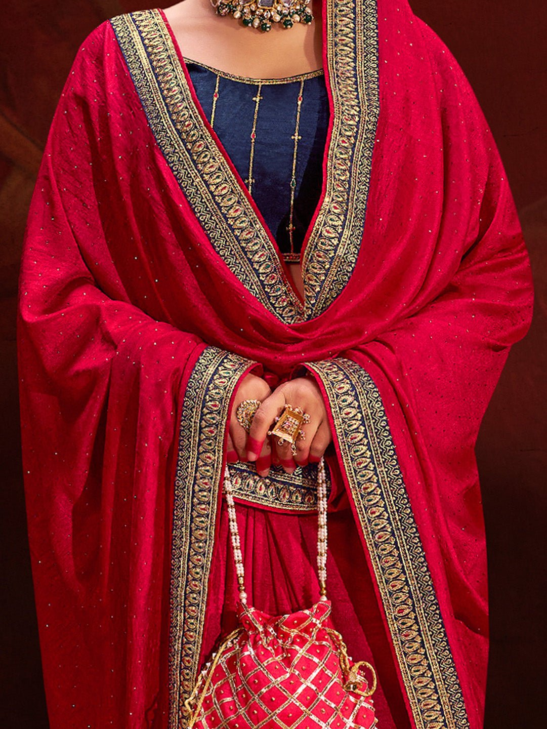 Deep Pink Vichitra Silk Embroidered Zari Border Stone Saree - Ressa