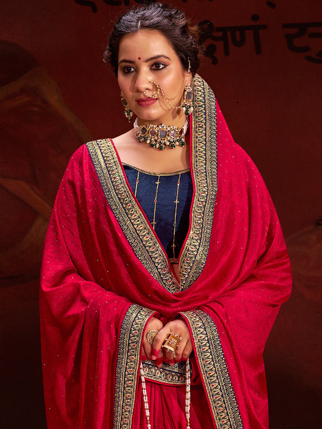 Deep Pink Vichitra Silk Embroidered Zari Border Stone Saree - Ressa