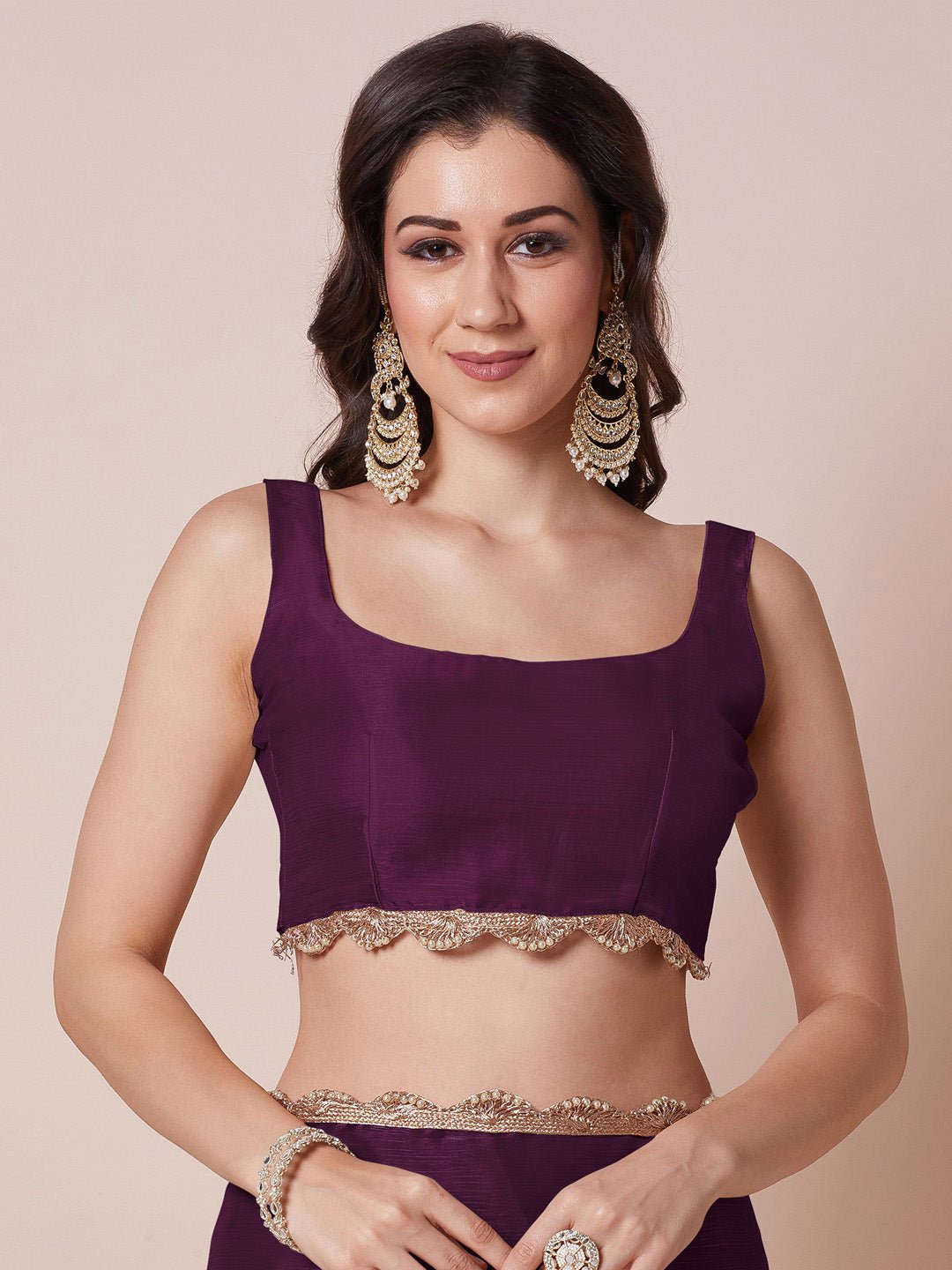 Deep Plum Chiffon Saree with Gold Scallop Lace Border - Ressa