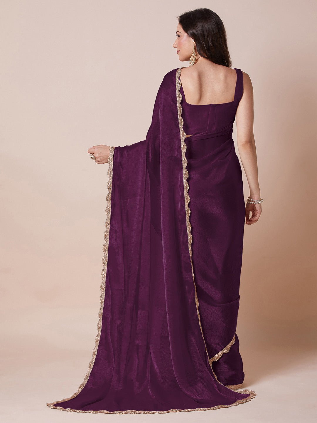 Deep Plum Chiffon Saree with Gold Scallop Lace Border - Ressa