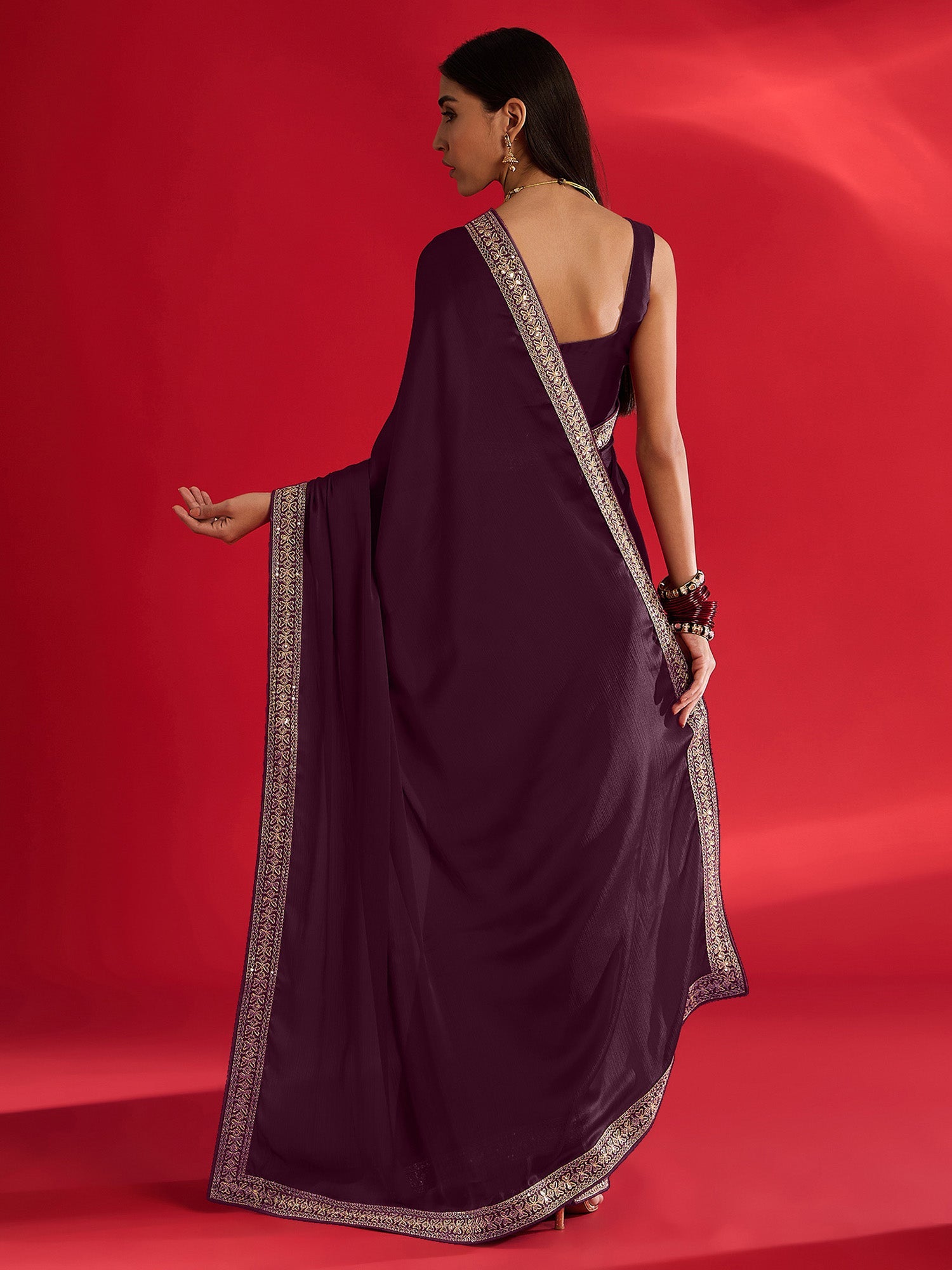 Deep Plum Embroidered Border Satin Saree - Ressa