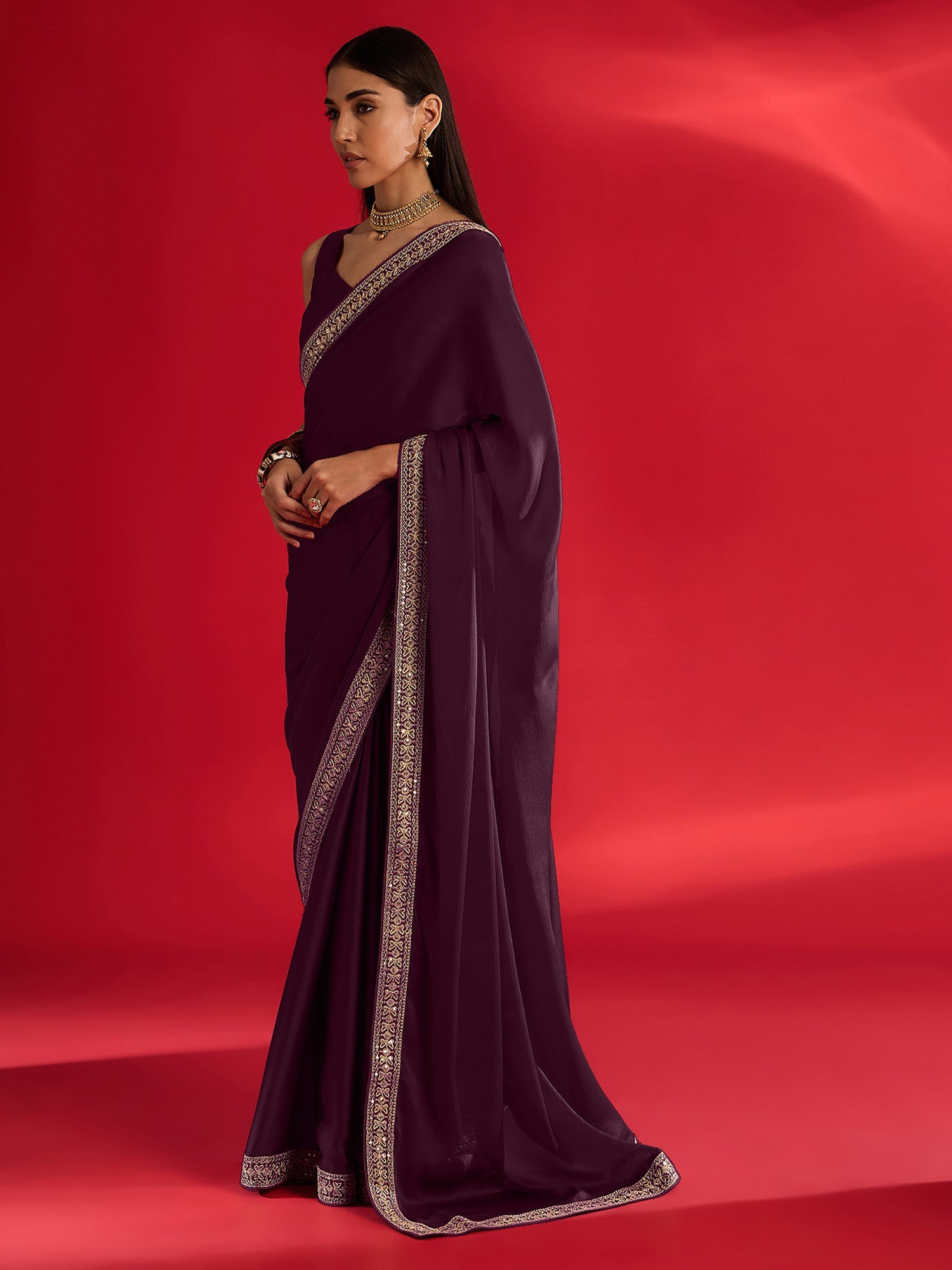 Deep Plum Embroidered Border Satin Saree - Ressa