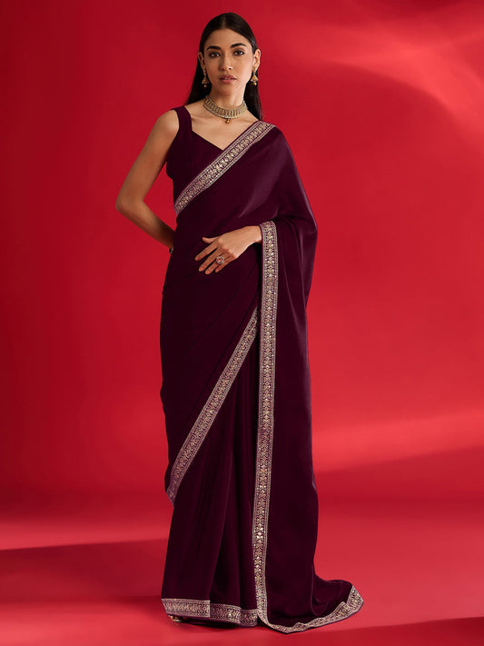 Deep Plum Embroidered Border Satin Saree - Ressa