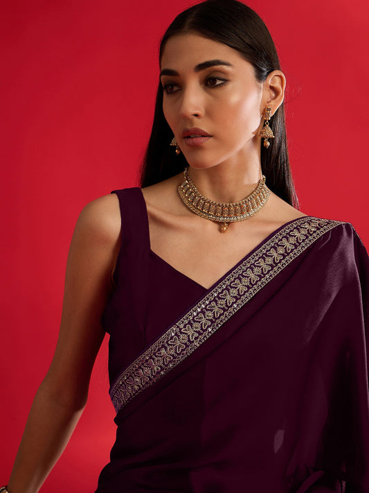 Deep Plum Embroidered Border Satin Saree - Ressa