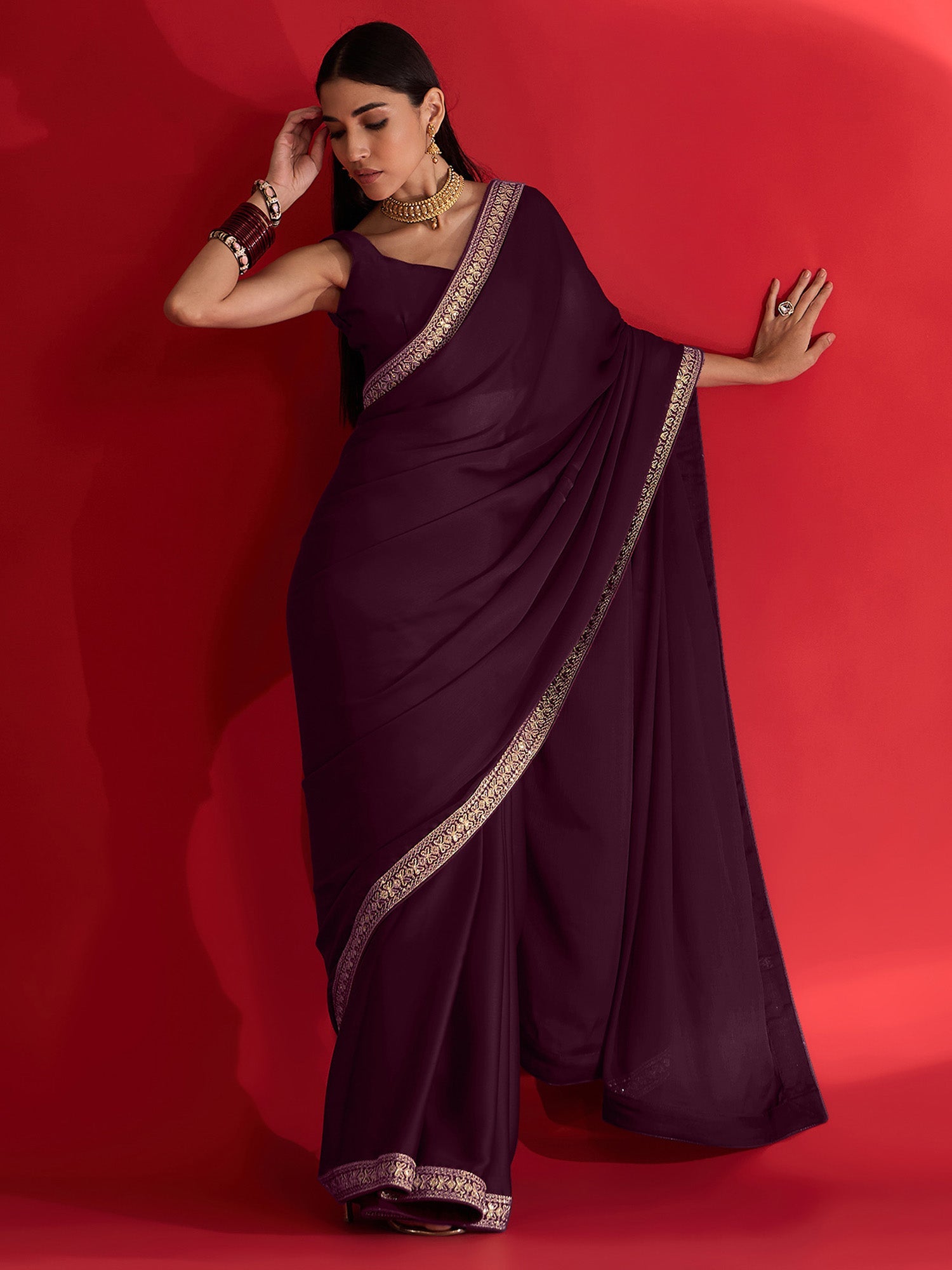 Deep Plum Embroidered Border Satin Saree - Ressa