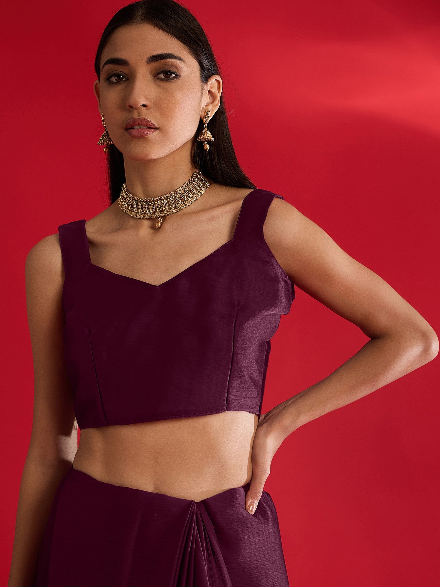 Deep Plum Embroidered Border Satin Saree - Ressa