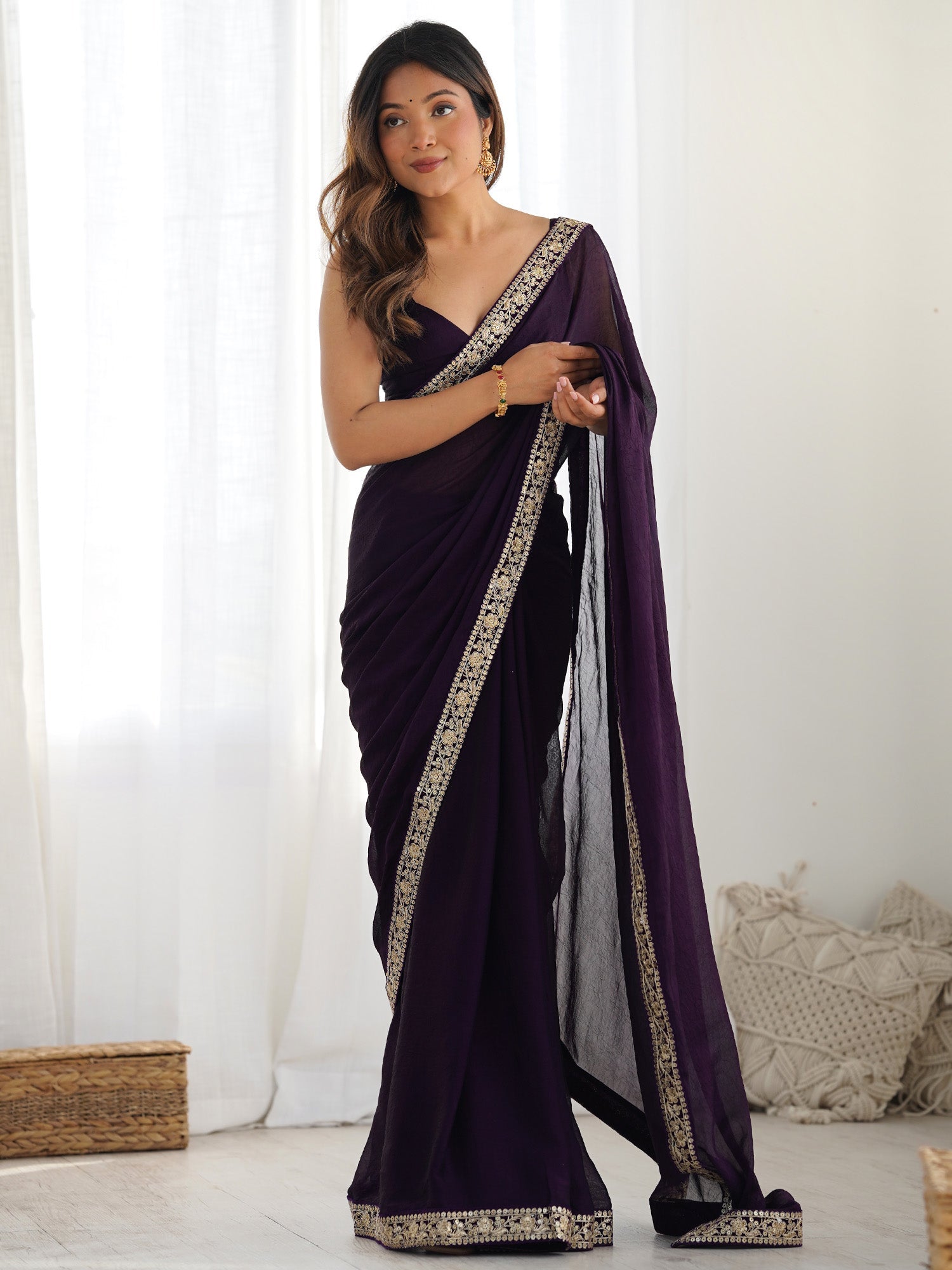 Deep Plum Georgette Saree - Ressa