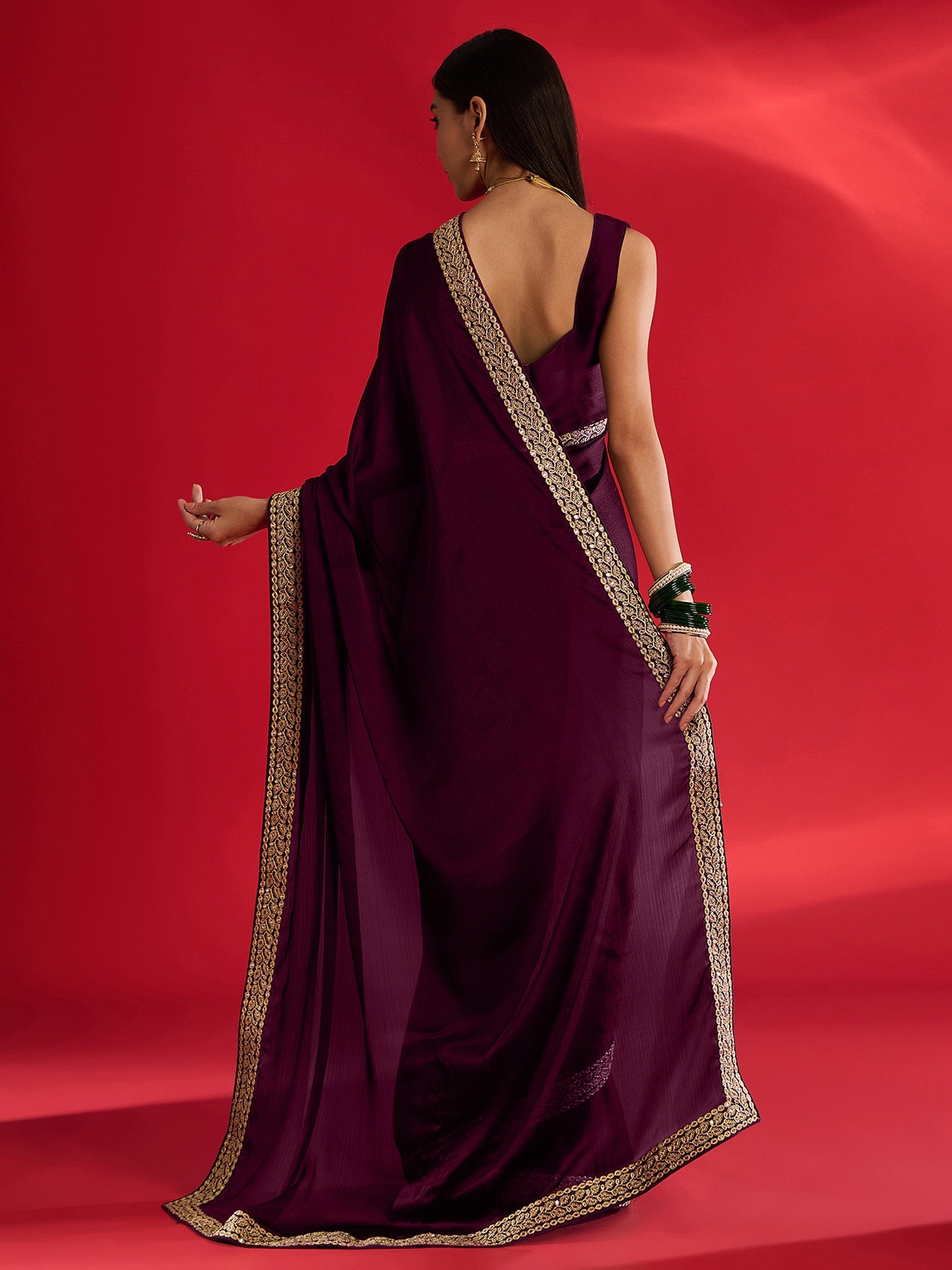 Deep Plum Georgette Saree with Gold Lace Border - Ressa