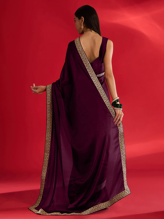 Deep Plum Georgette Saree with Gold Lace Border - Ressa