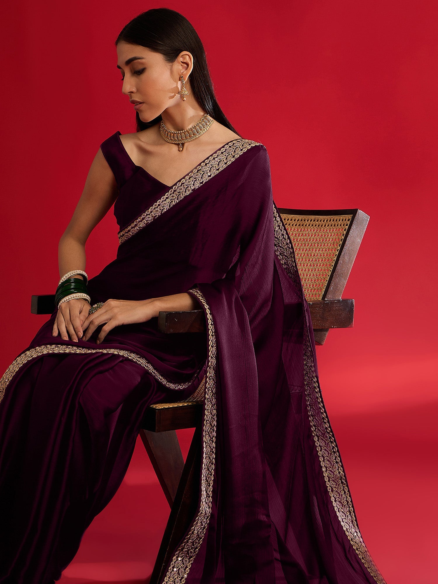 Deep Plum Georgette Saree with Gold Lace Border - Ressa