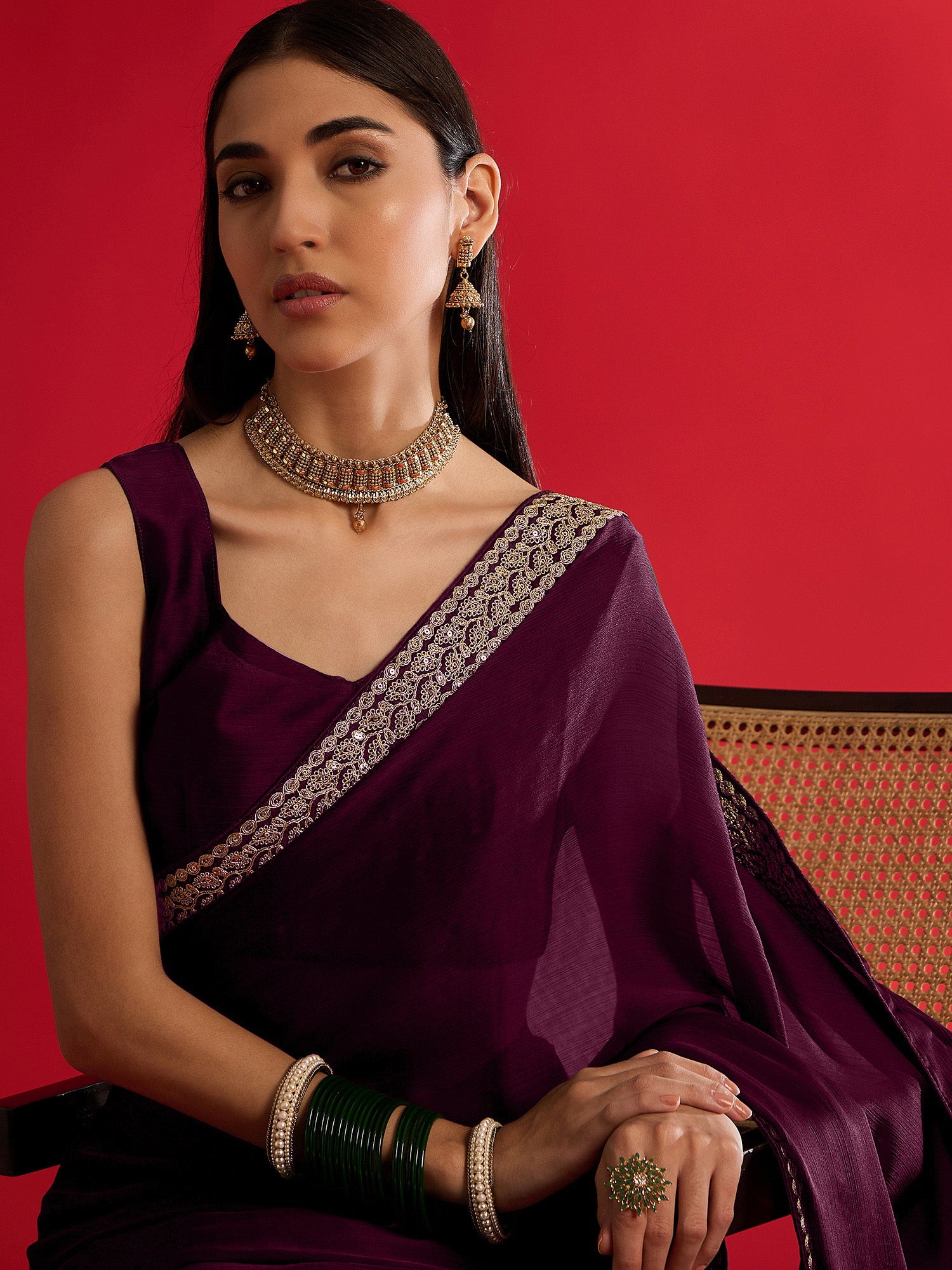 Deep Plum Georgette Saree with Gold Lace Border - Ressa