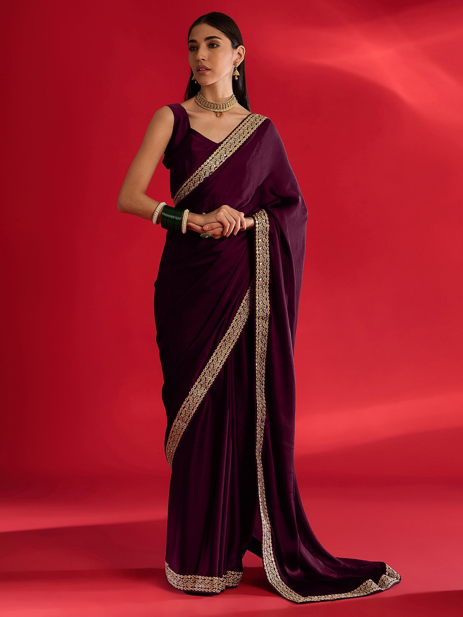 Deep Plum Georgette Saree with Gold Lace Border - Ressa