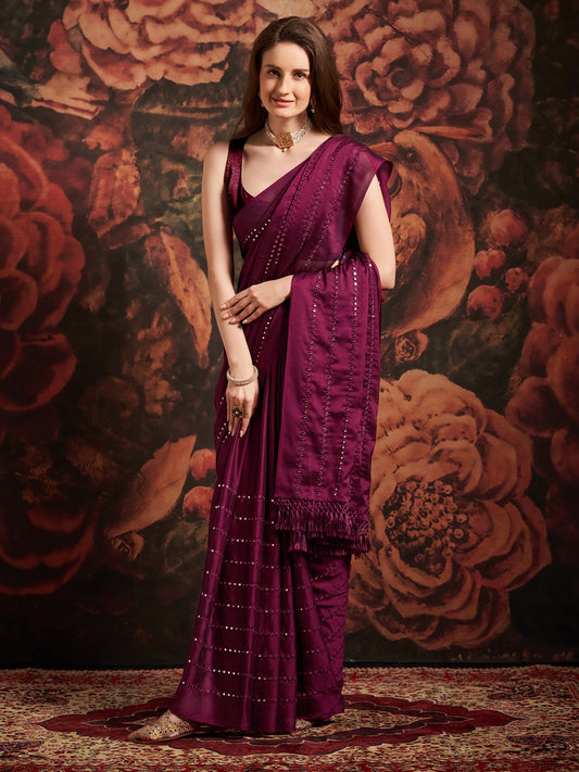 Deep Plum Satin Saree - Ressa