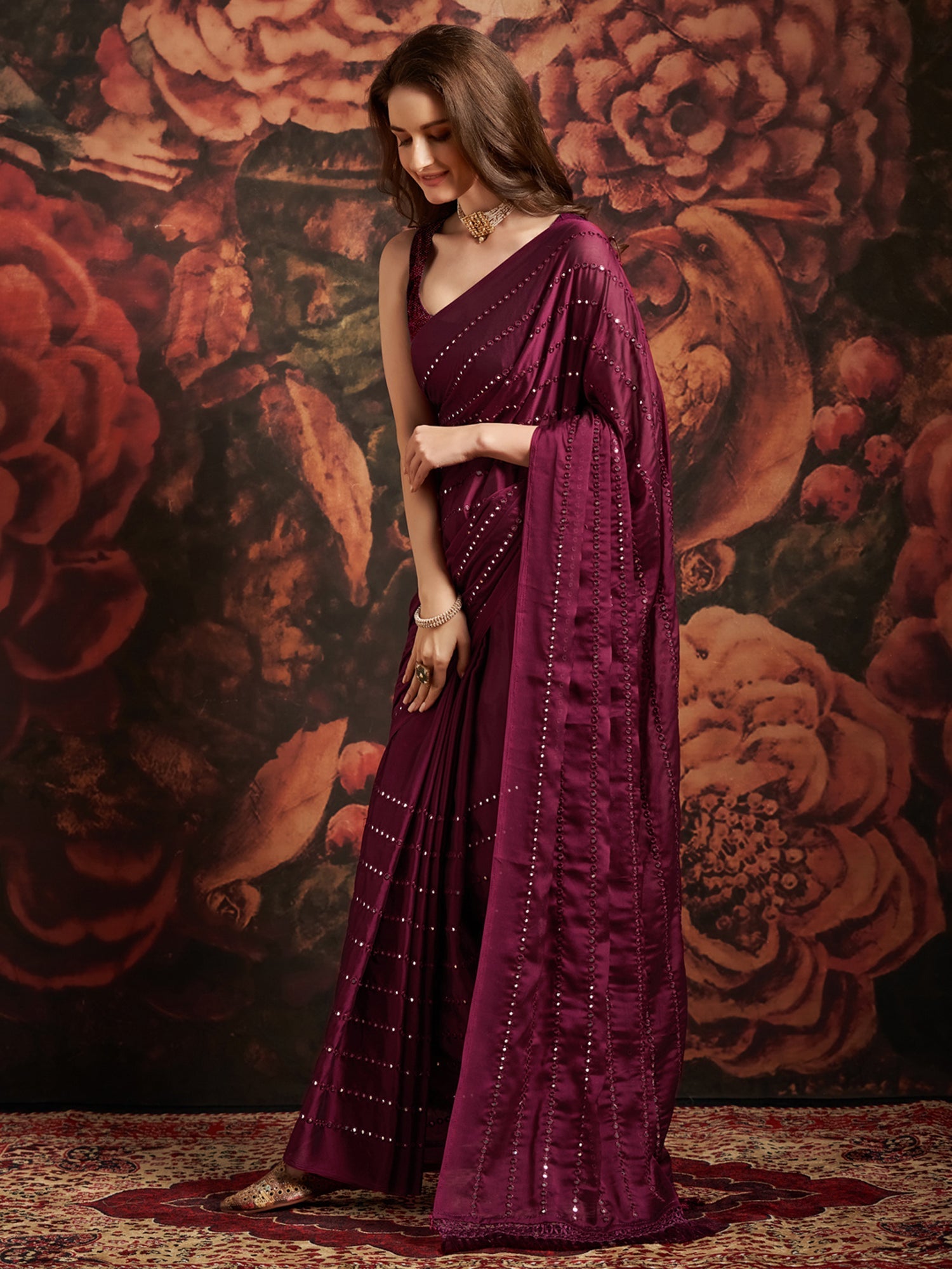 Deep Plum Satin Saree - Ressa