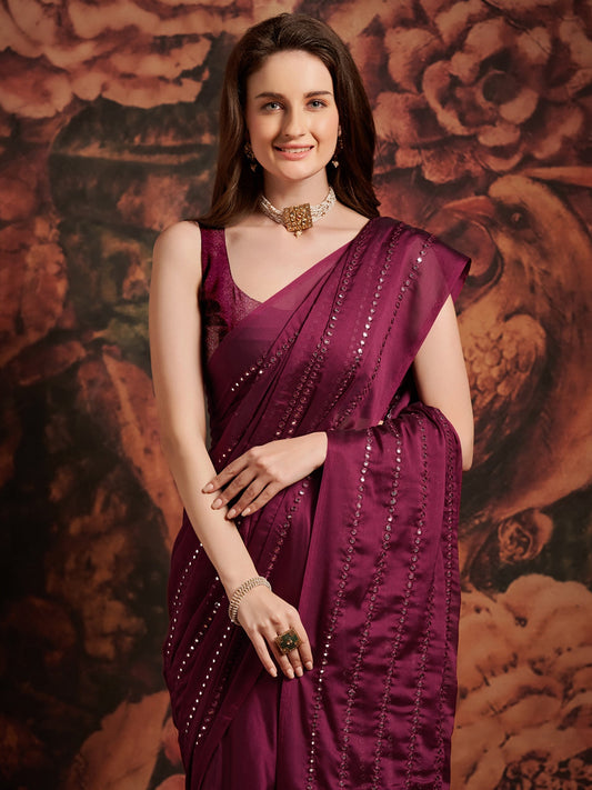 Deep Plum Satin Saree - Ressa
