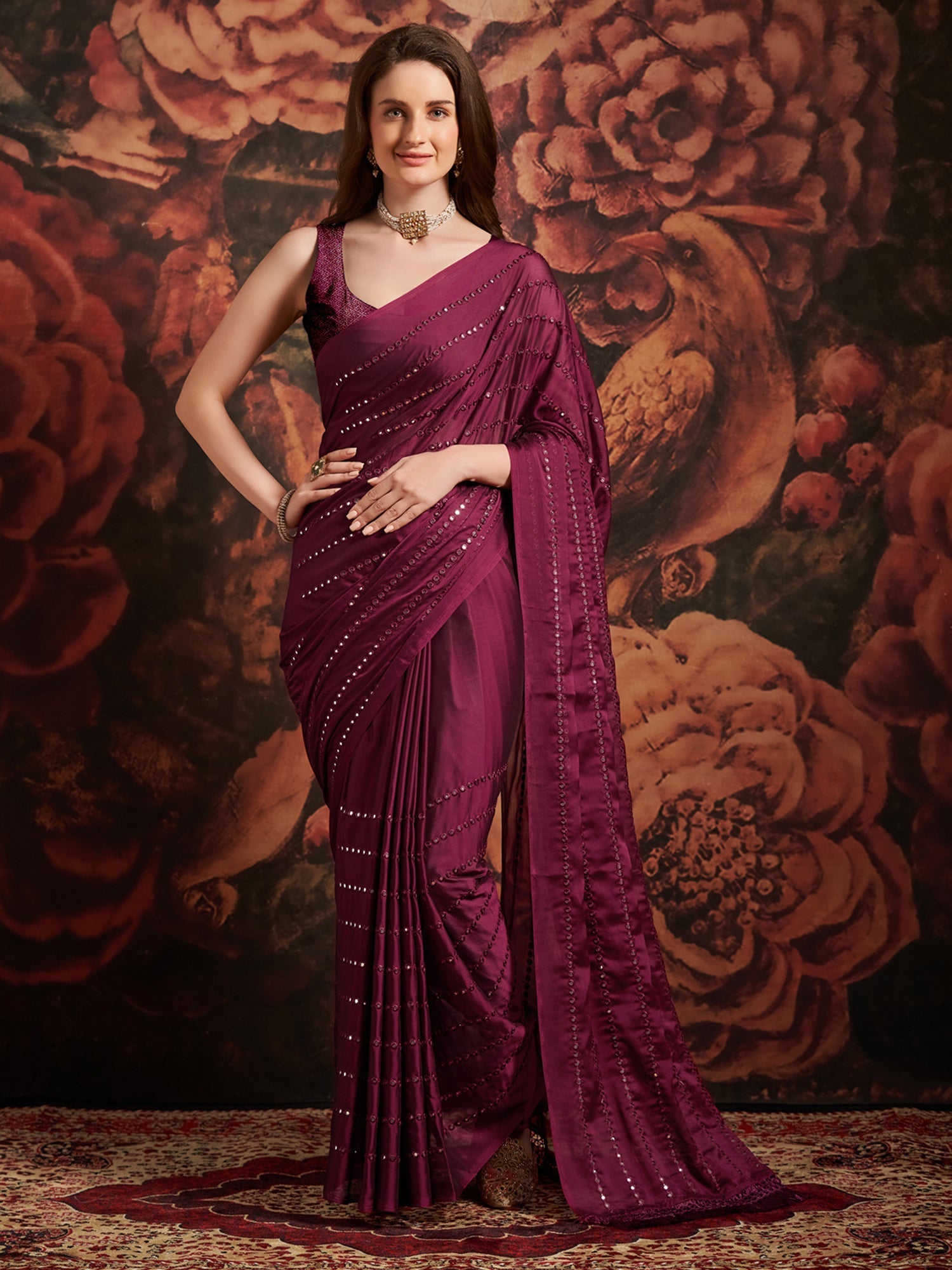 Deep Plum Satin Saree - Ressa