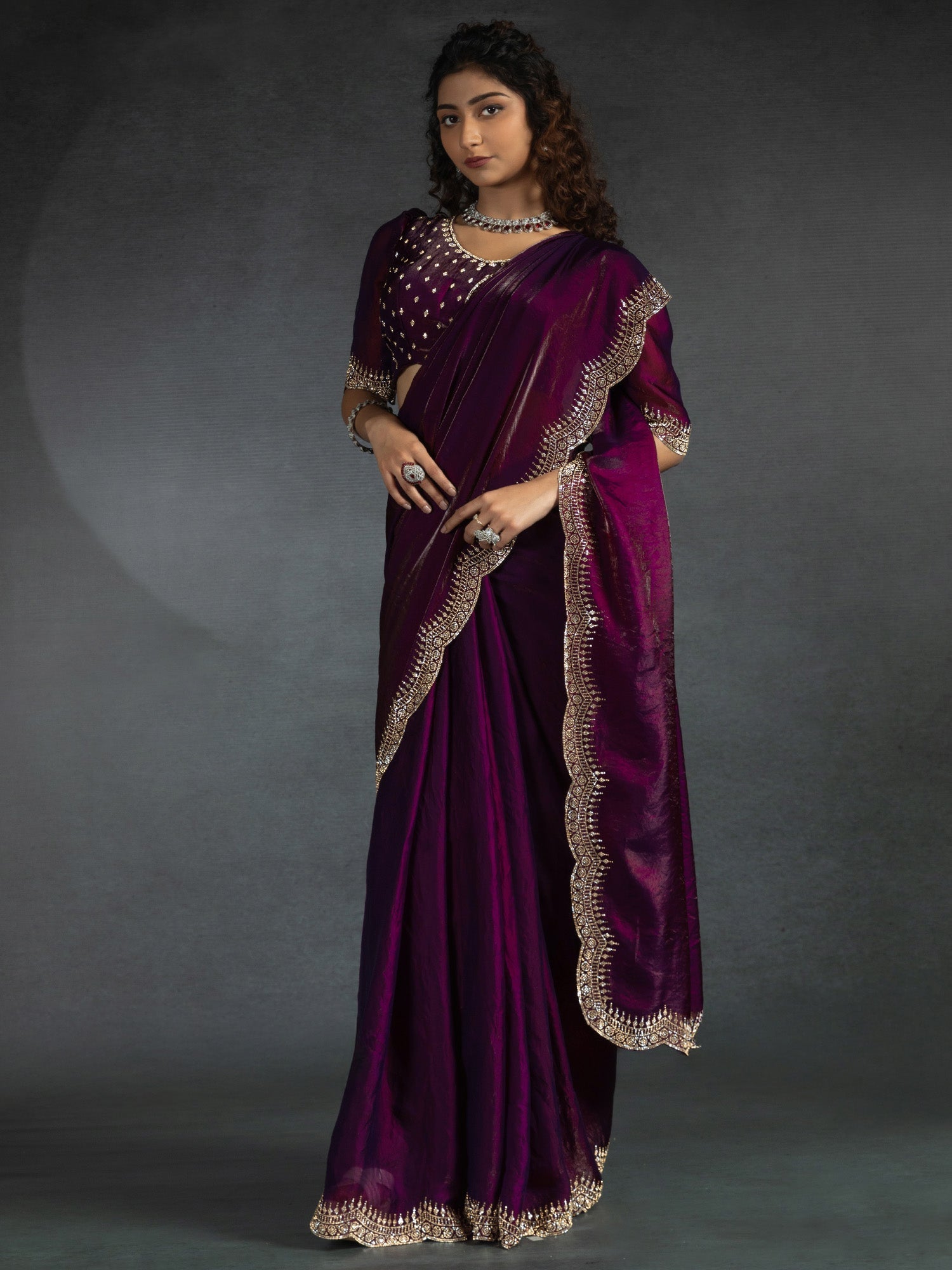 Deep Purple Embellished Beads and Stones Satin Sarees - Ressa