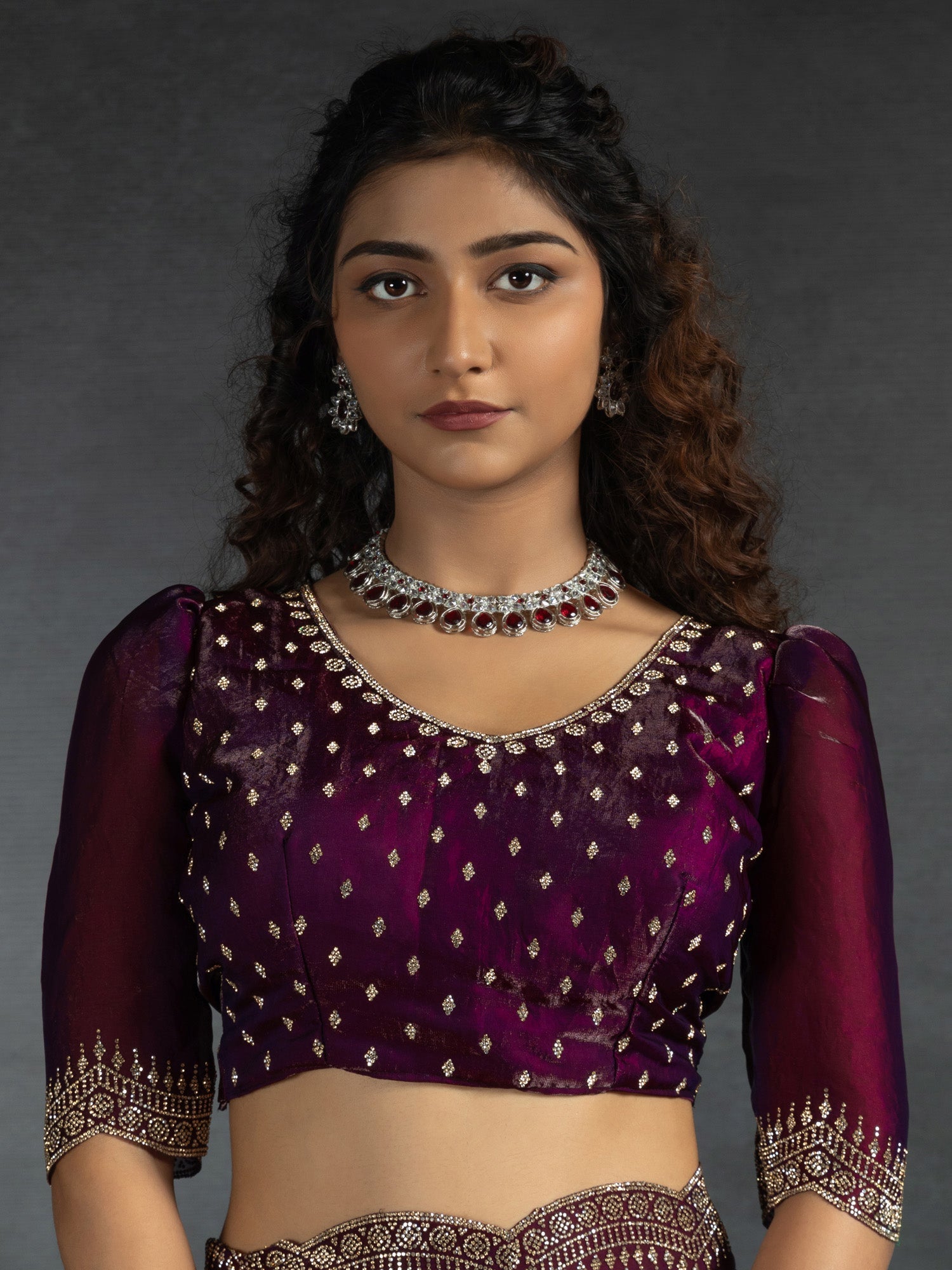 Deep Purple Embellished Beads and Stones Satin Sarees - Ressa
