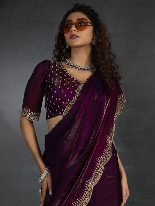 Deep Purple Embellished Beads and Stones Satin Sarees - Ressa