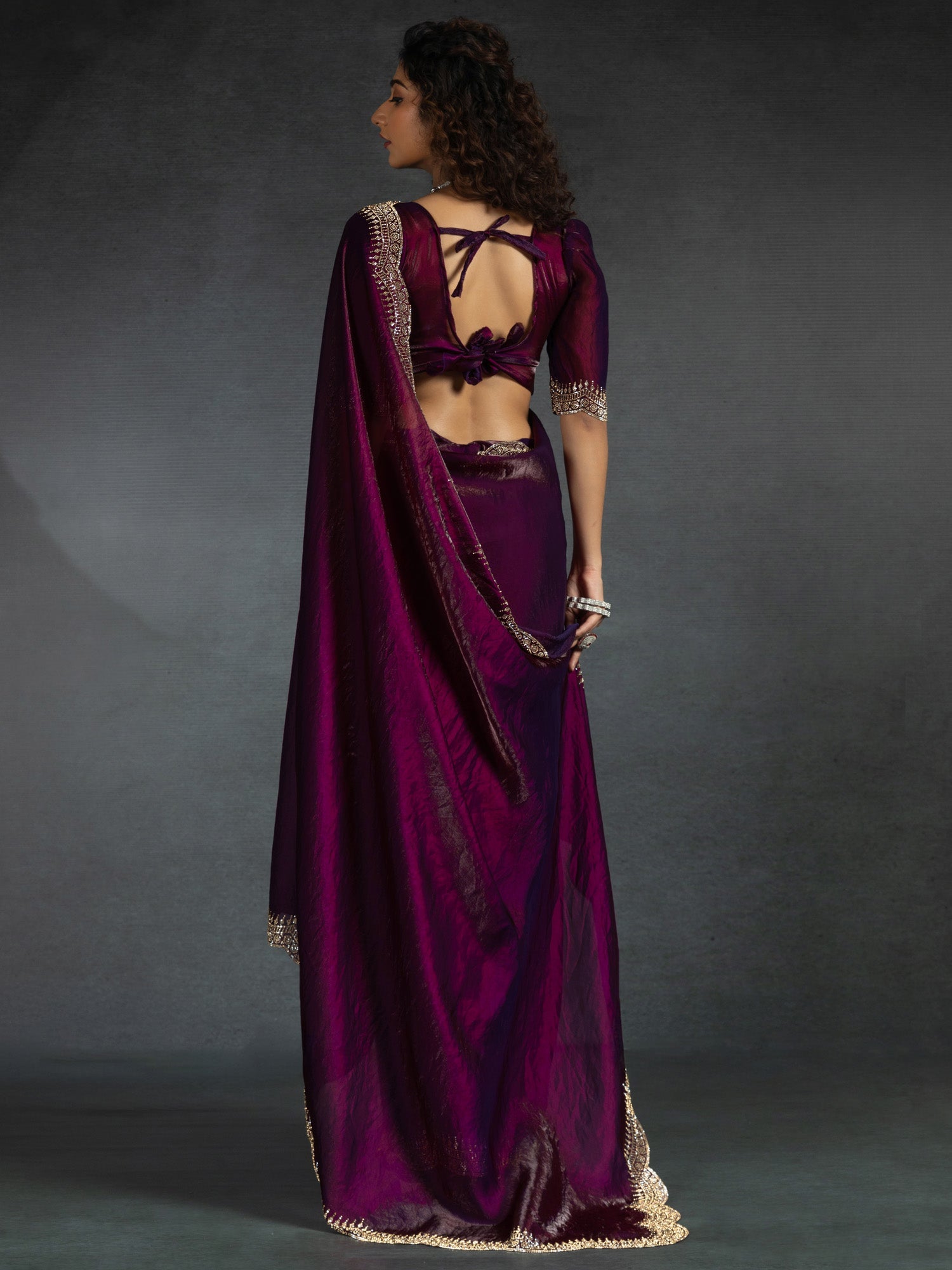 Deep Purple Embellished Beads and Stones Satin Sarees - Ressa