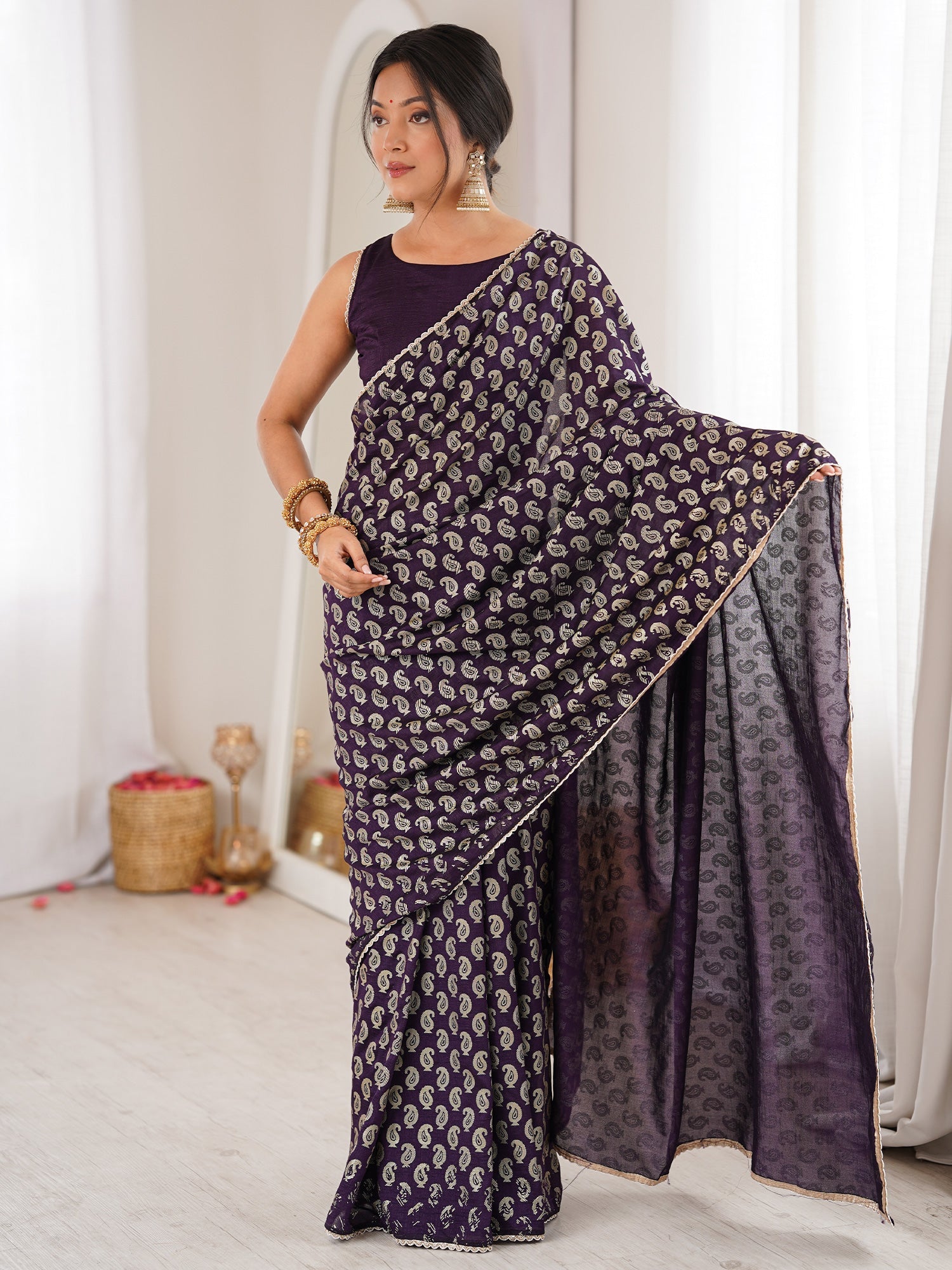 Deep Purple Georgette Saree with Silver Paisley Print - Ressa
