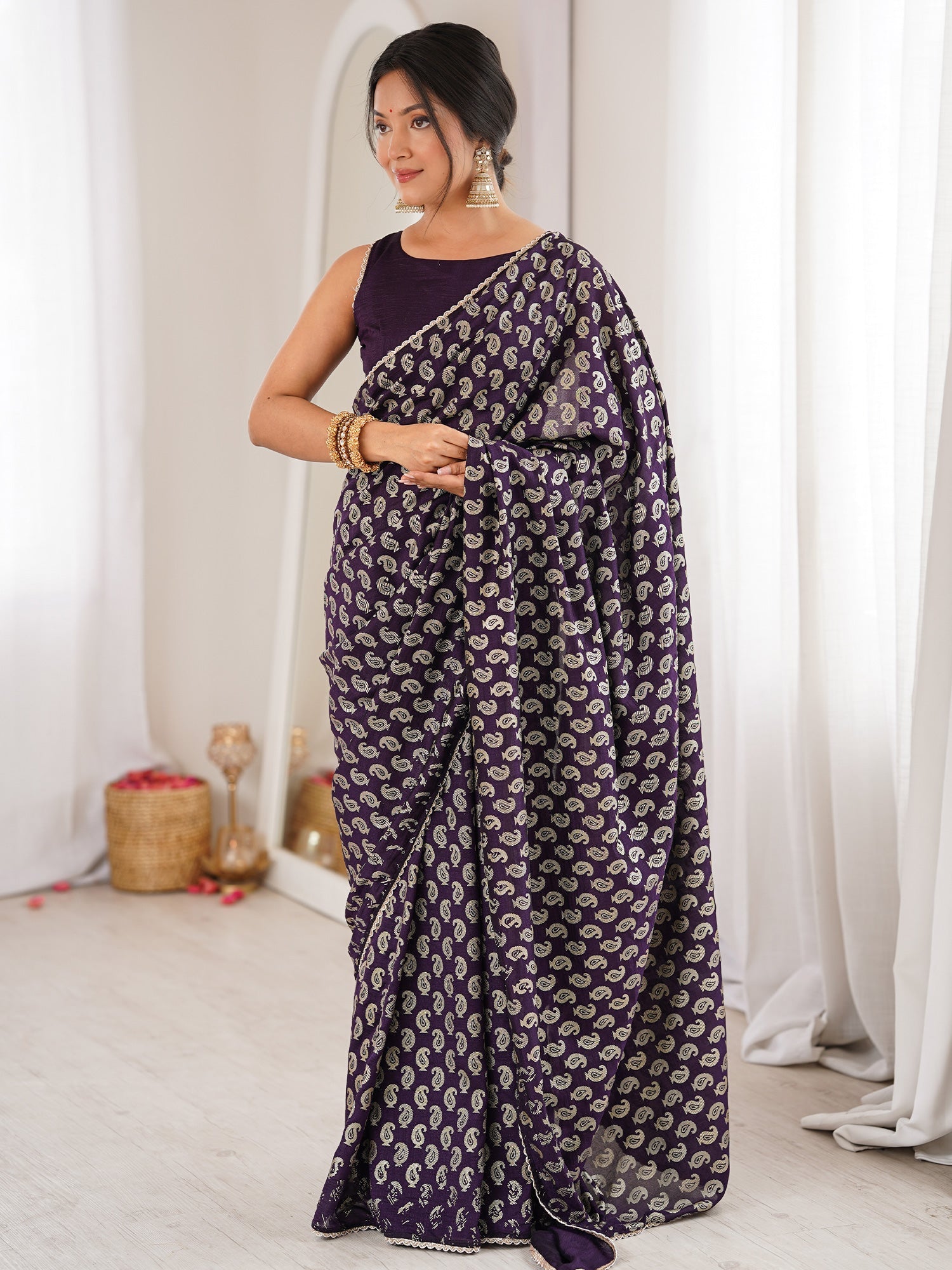 Deep Purple Georgette Saree with Silver Paisley Print - Ressa