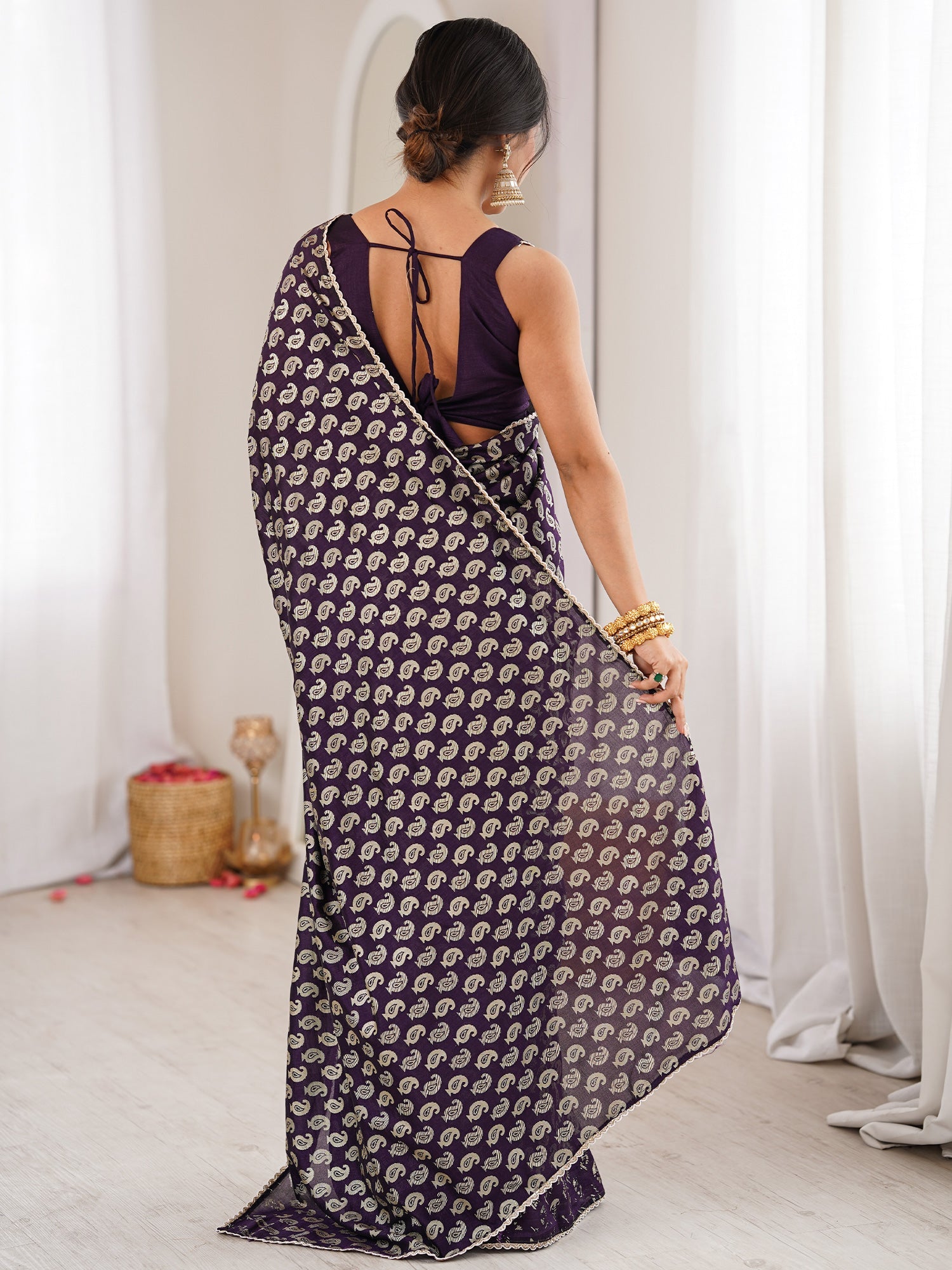 Deep Purple Georgette Saree with Silver Paisley Print - Ressa