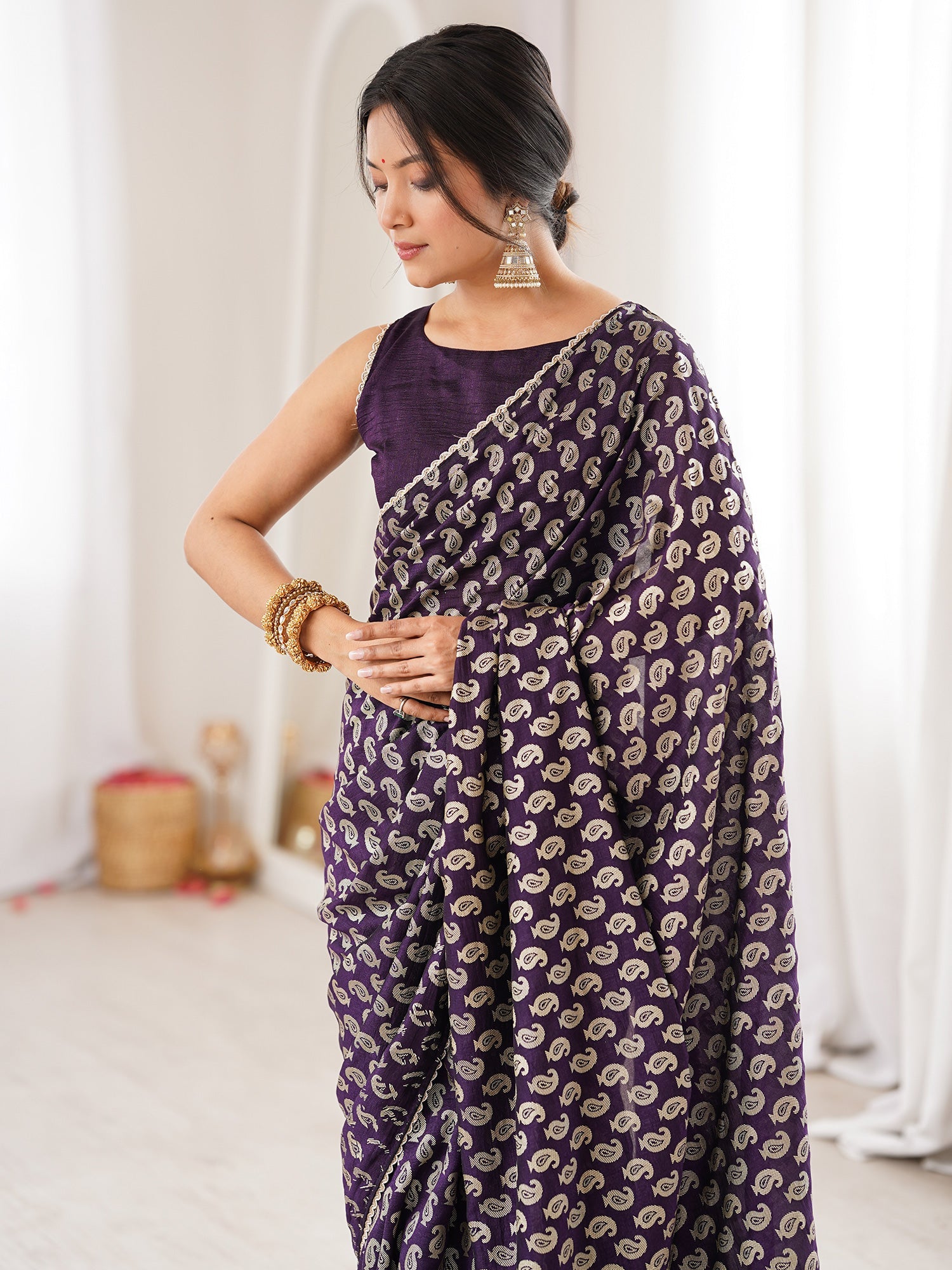 Deep Purple Georgette Saree with Silver Paisley Print - Ressa