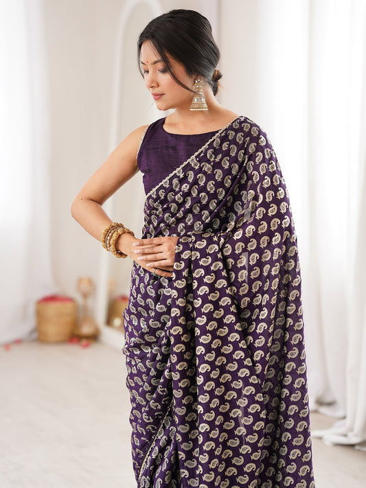 Deep Purple Georgette Saree with Silver Paisley Print - Ressa