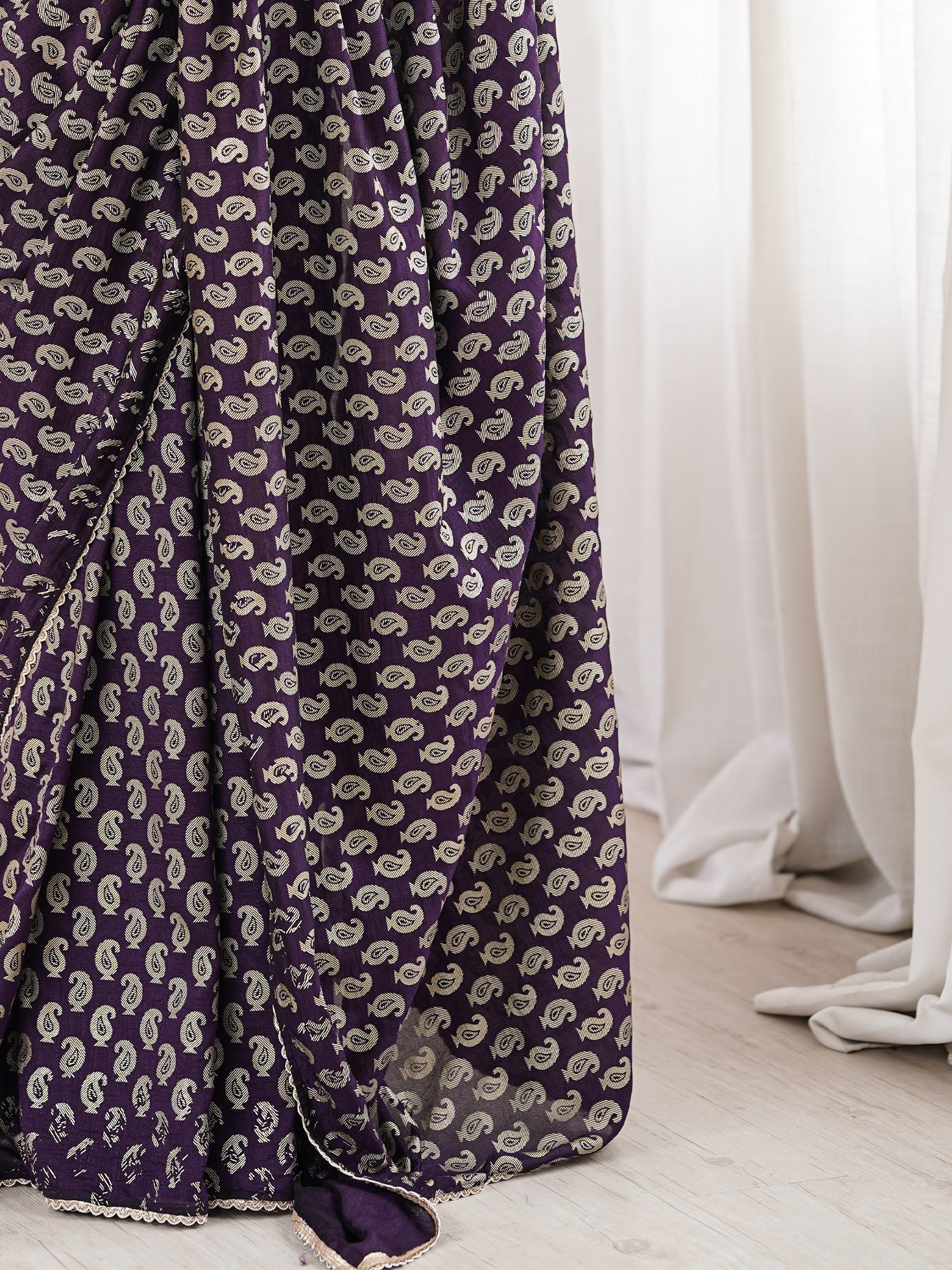 Deep Purple Georgette Saree with Silver Paisley Print - Ressa