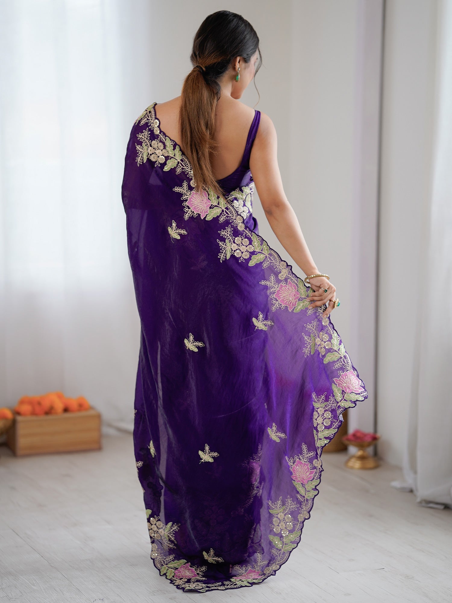 Deep Purple Organza Saree with Pink Floral Cutwork Scallop Border - Ressa