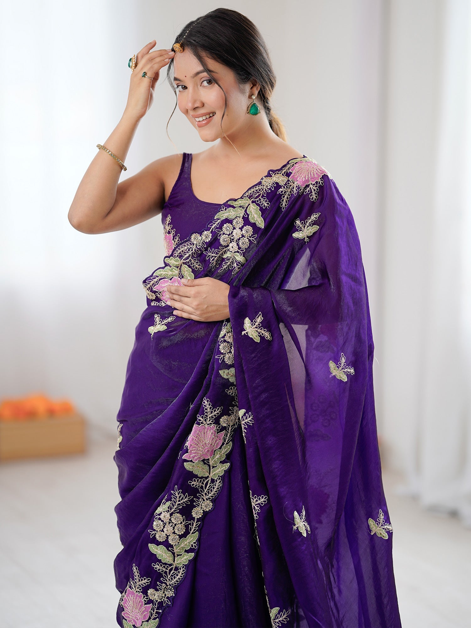Deep Purple Organza Saree with Pink Floral Cutwork Scallop Border - Ressa