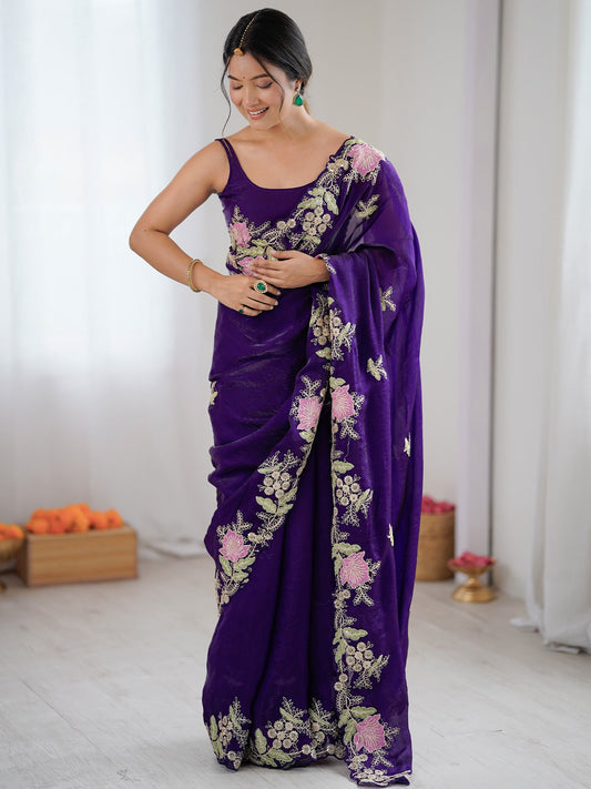 Deep Purple Organza Saree with Pink Floral Cutwork Scallop Border - Ressa