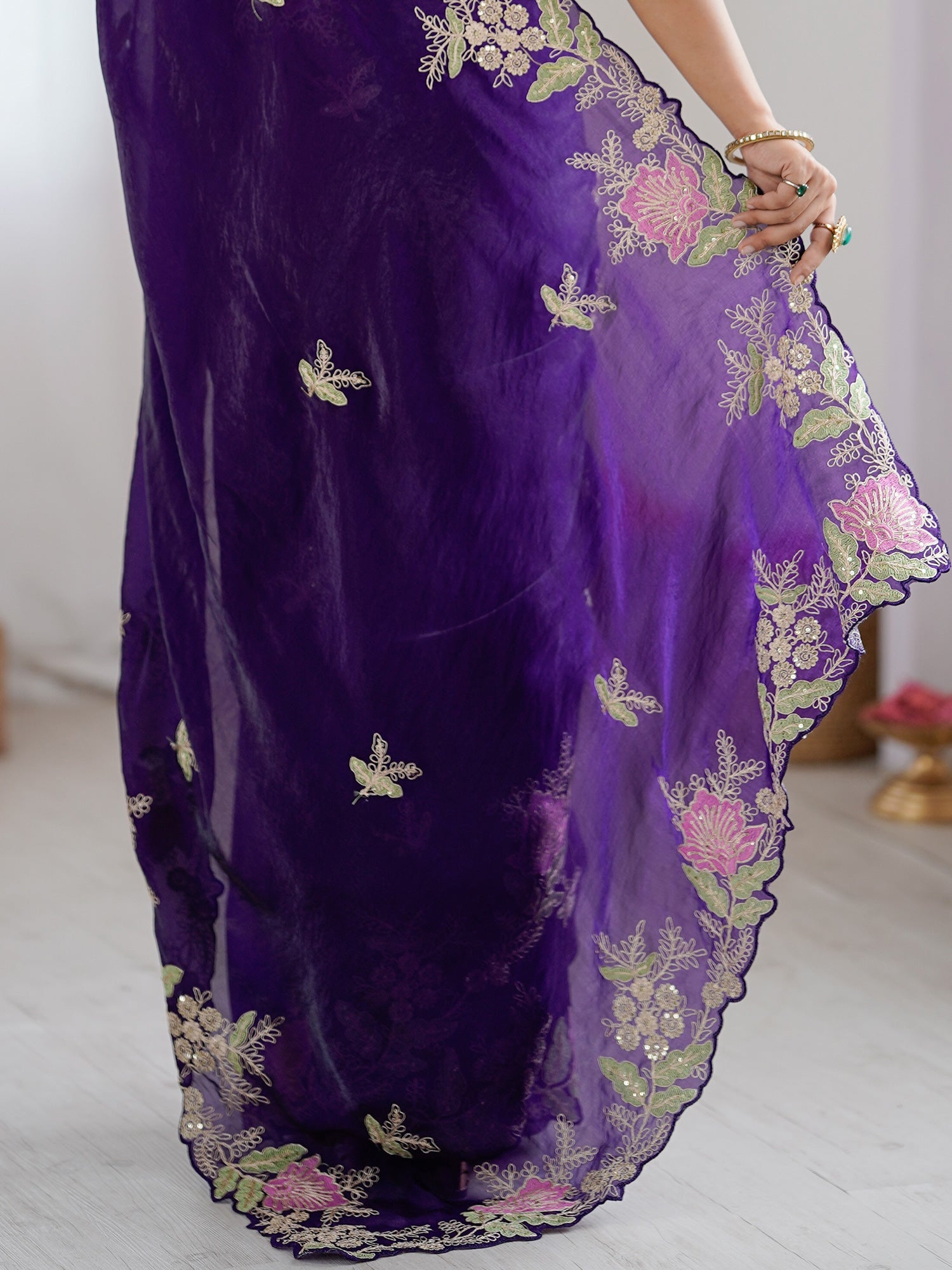 Deep Purple Organza Saree with Pink Floral Cutwork Scallop Border - Ressa