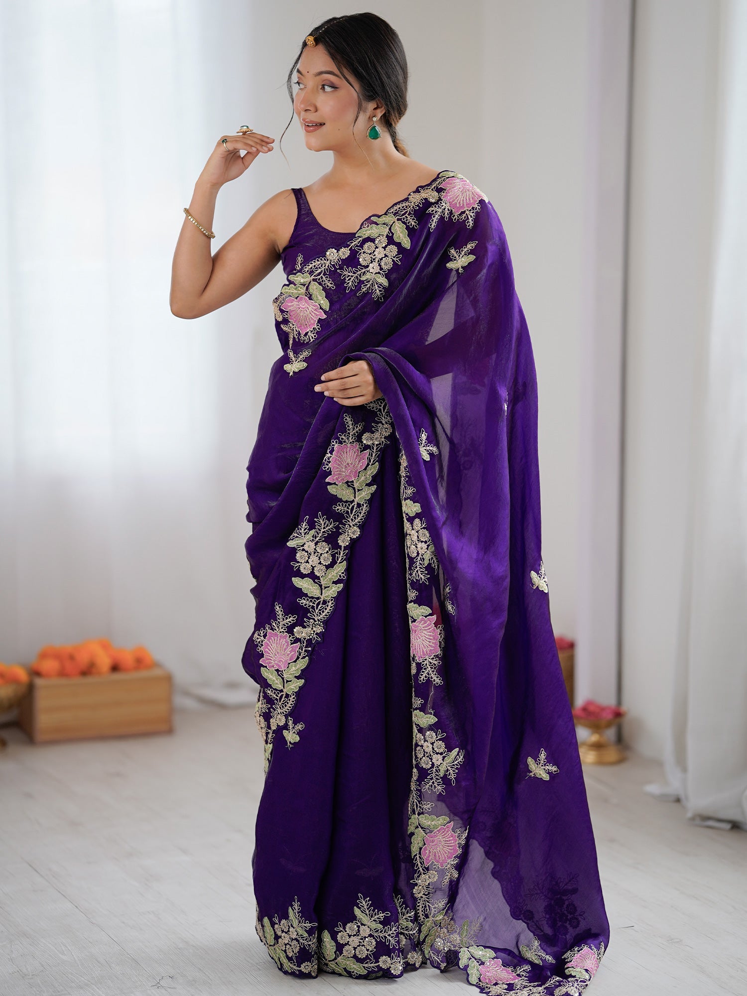 Deep Purple Organza Saree with Pink Floral Cutwork Scallop Border - Ressa