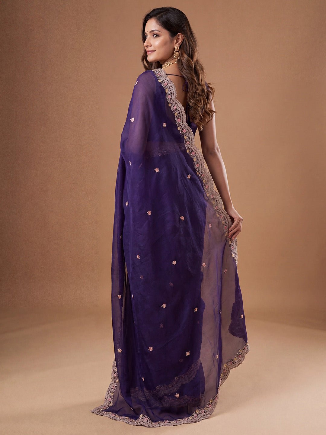 Deep Purple satin Embroidered Saree - Ressa