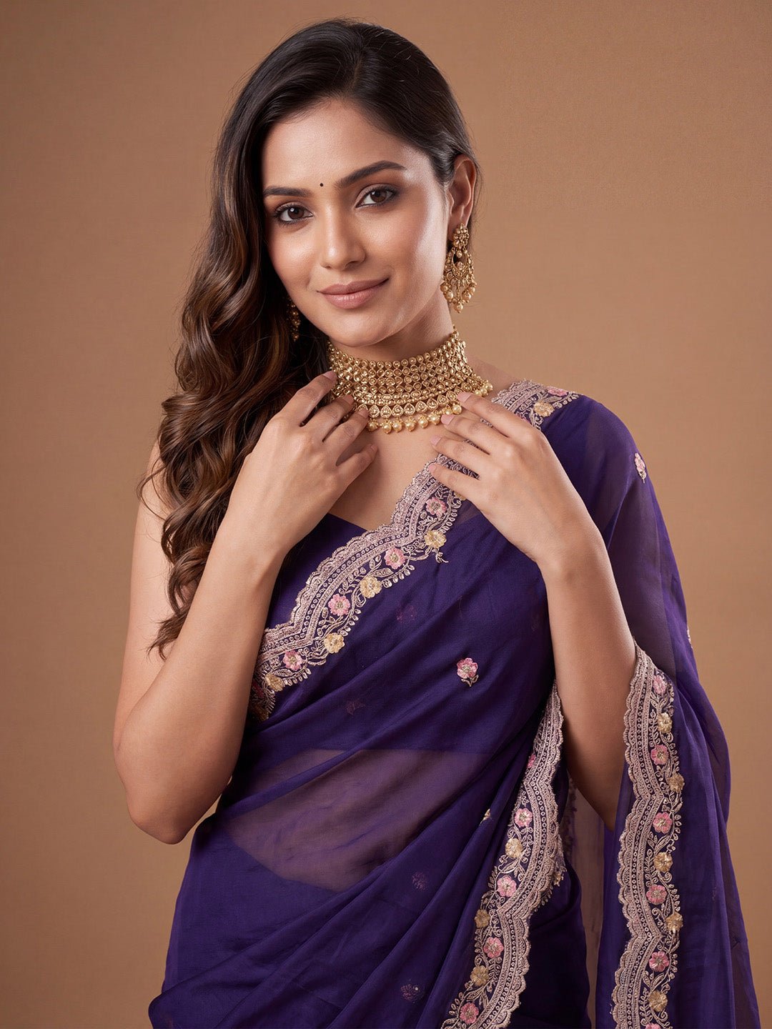Deep Purple satin Embroidered Saree - Ressa