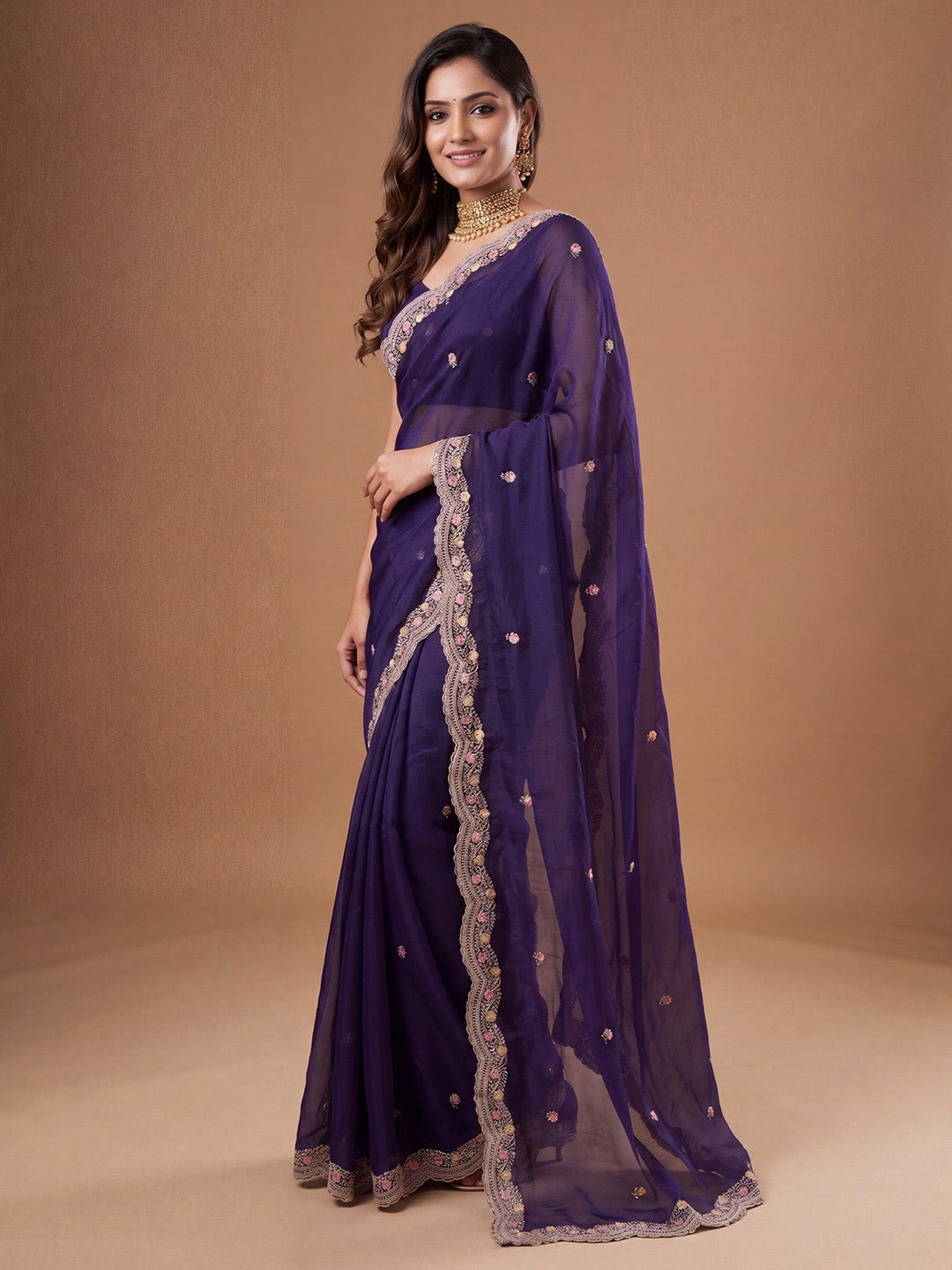 Deep Purple satin Embroidered Saree - Ressa