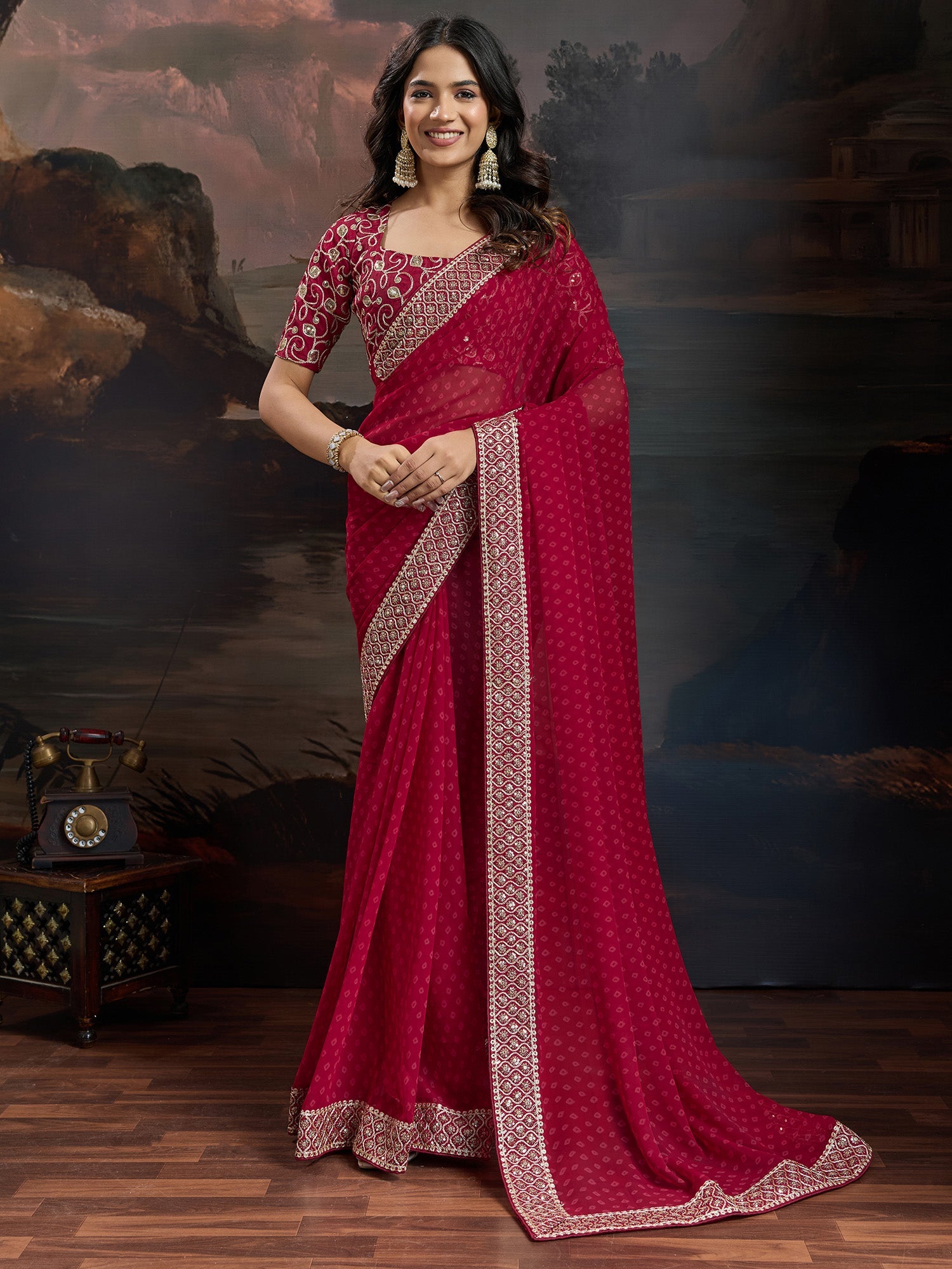 Deep Rani Pink Bandhani Georgette Saree - Ressa