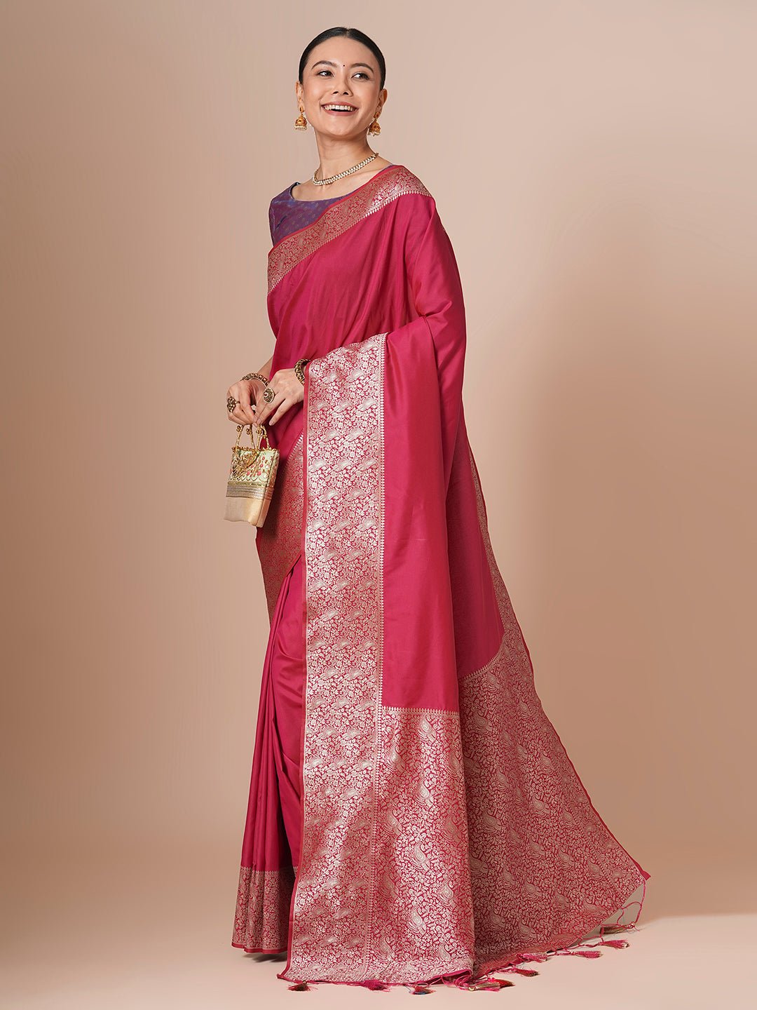 Deep Raspberry Pink Banarasi Pure Silk Saree - Ressa