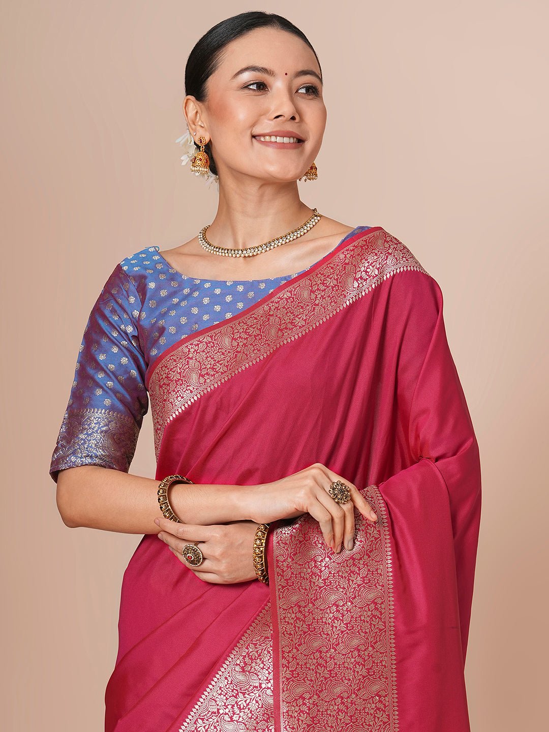 Deep Raspberry Pink Banarasi Pure Silk Saree - Ressa