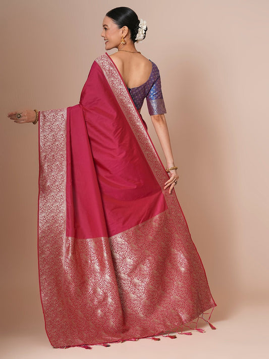 Deep Raspberry Pink Banarasi Pure Silk Saree - Ressa