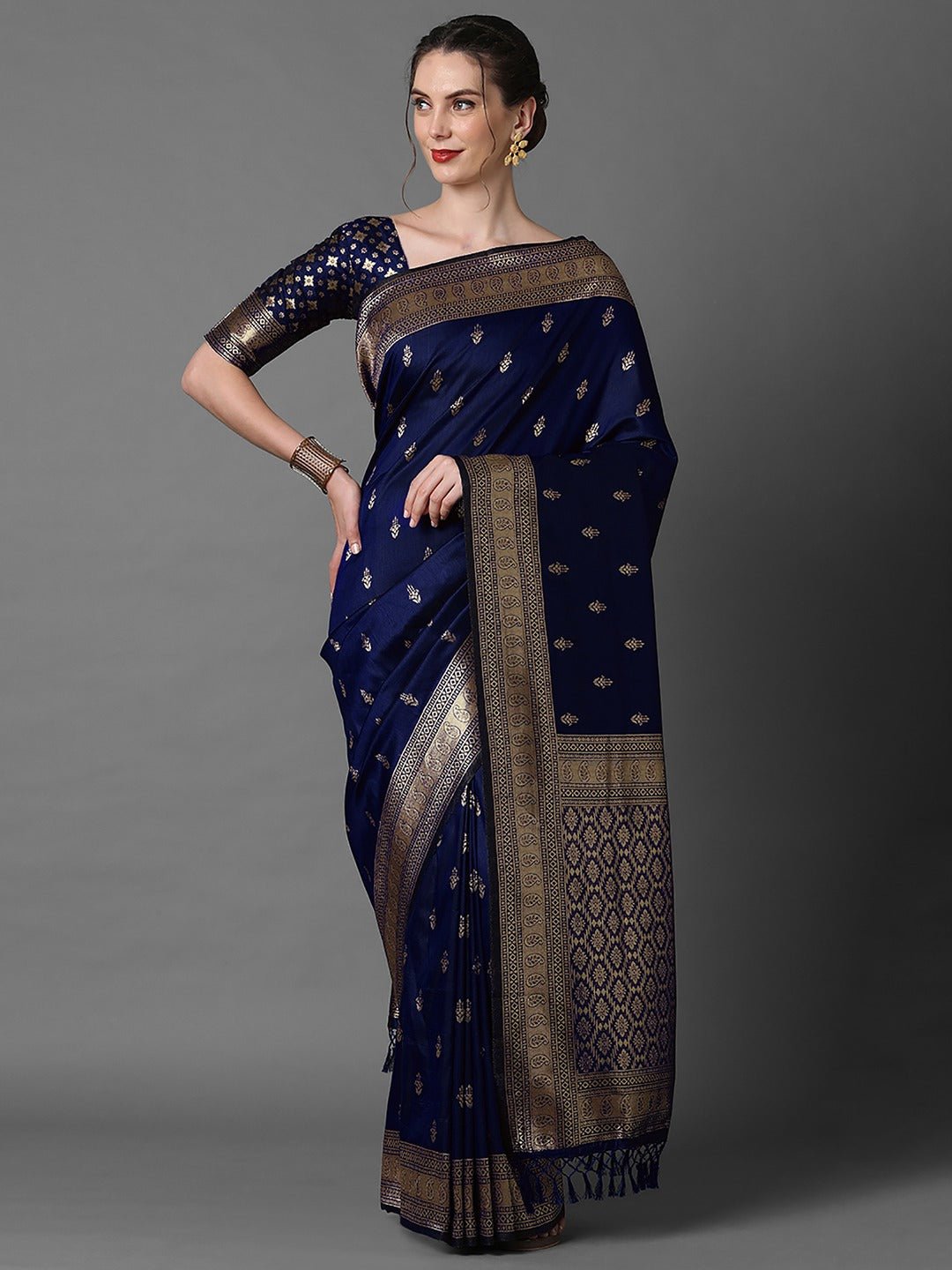 Deep Royal Navy Blue Banarasi Silk Saree - Ressa