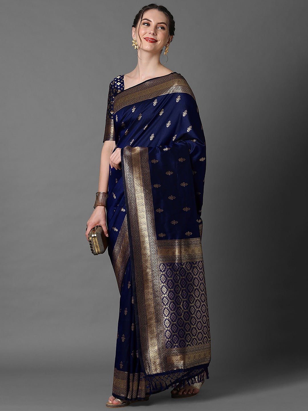 Deep Royal Navy Blue Banarasi Silk Saree - Ressa